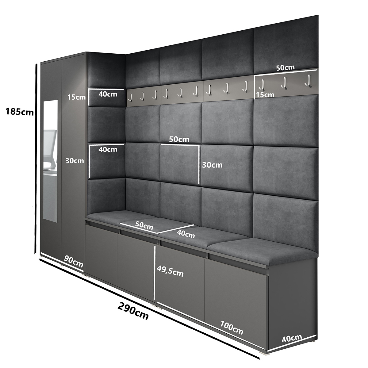 Eka Předsíňová stěna s čalouněnými panely Trinity 9 - Grafit / Tmavá krémová 2302