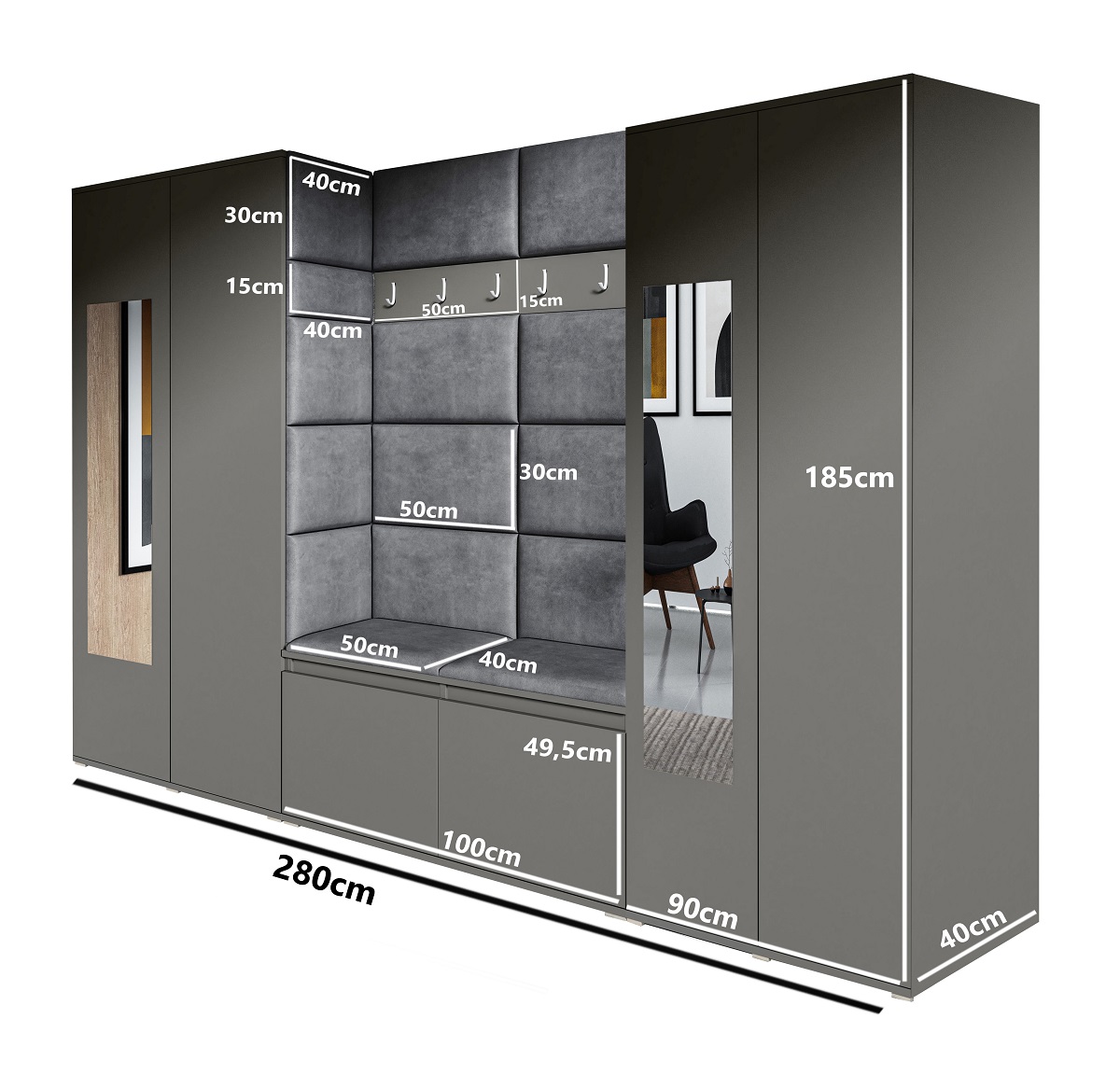 Eka Předsíňová stěna s čalouněnými panely Trinity 10 - Grafit / Hnědá 2307