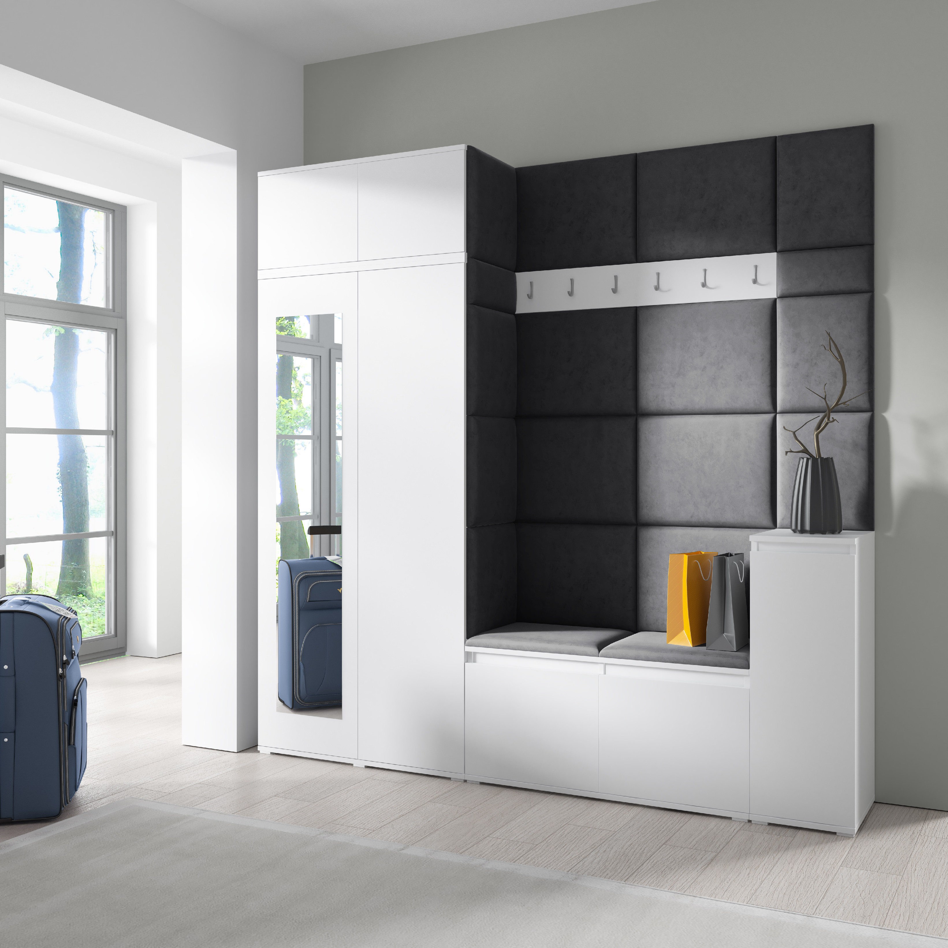 Eka Předsíňová stěna s čalouněnými panely Trinity 26 - Bílá / Černá 2316