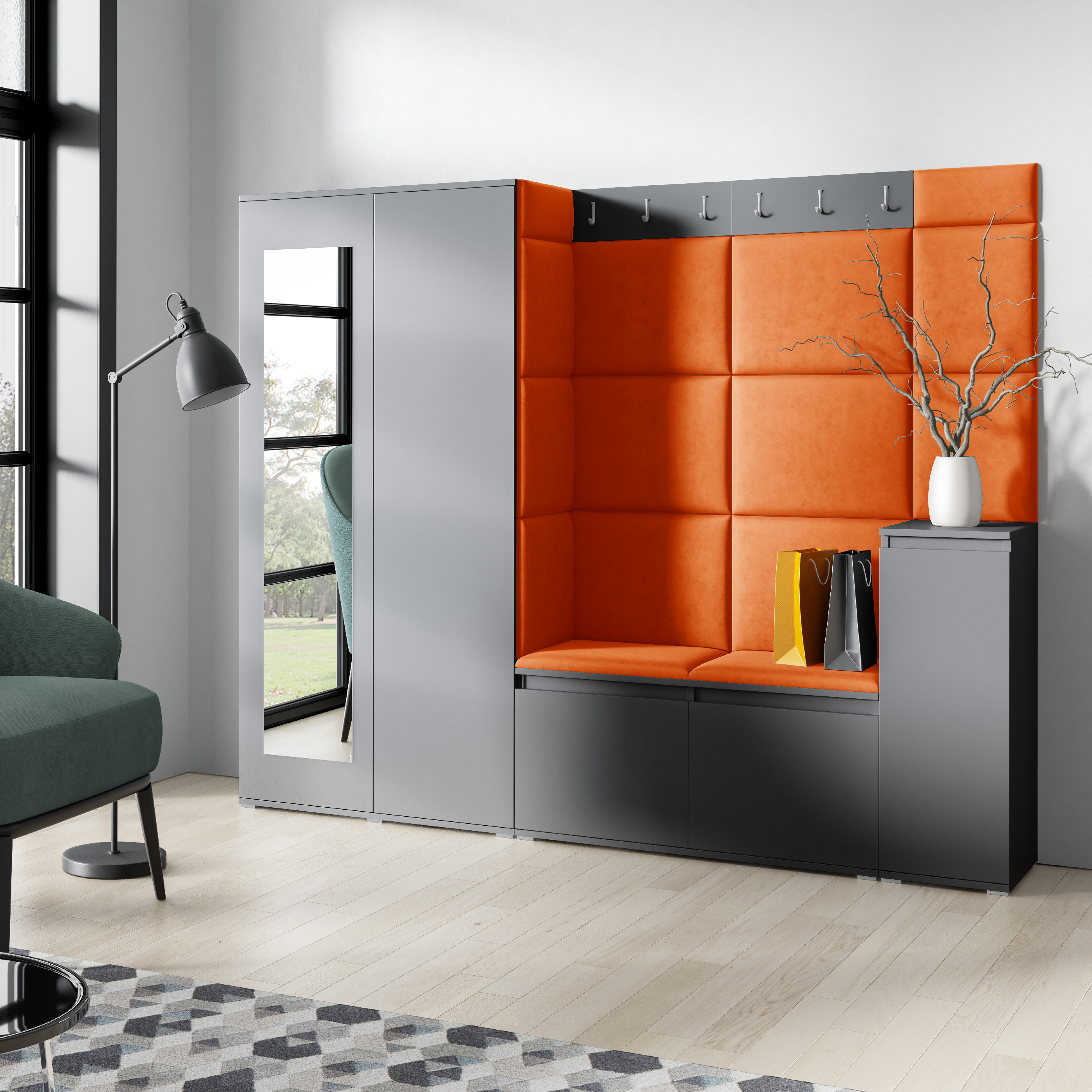 Eka Předsíňová stěna s čalouněnými panely Trinity 27 - Grafit / Okrová 2325