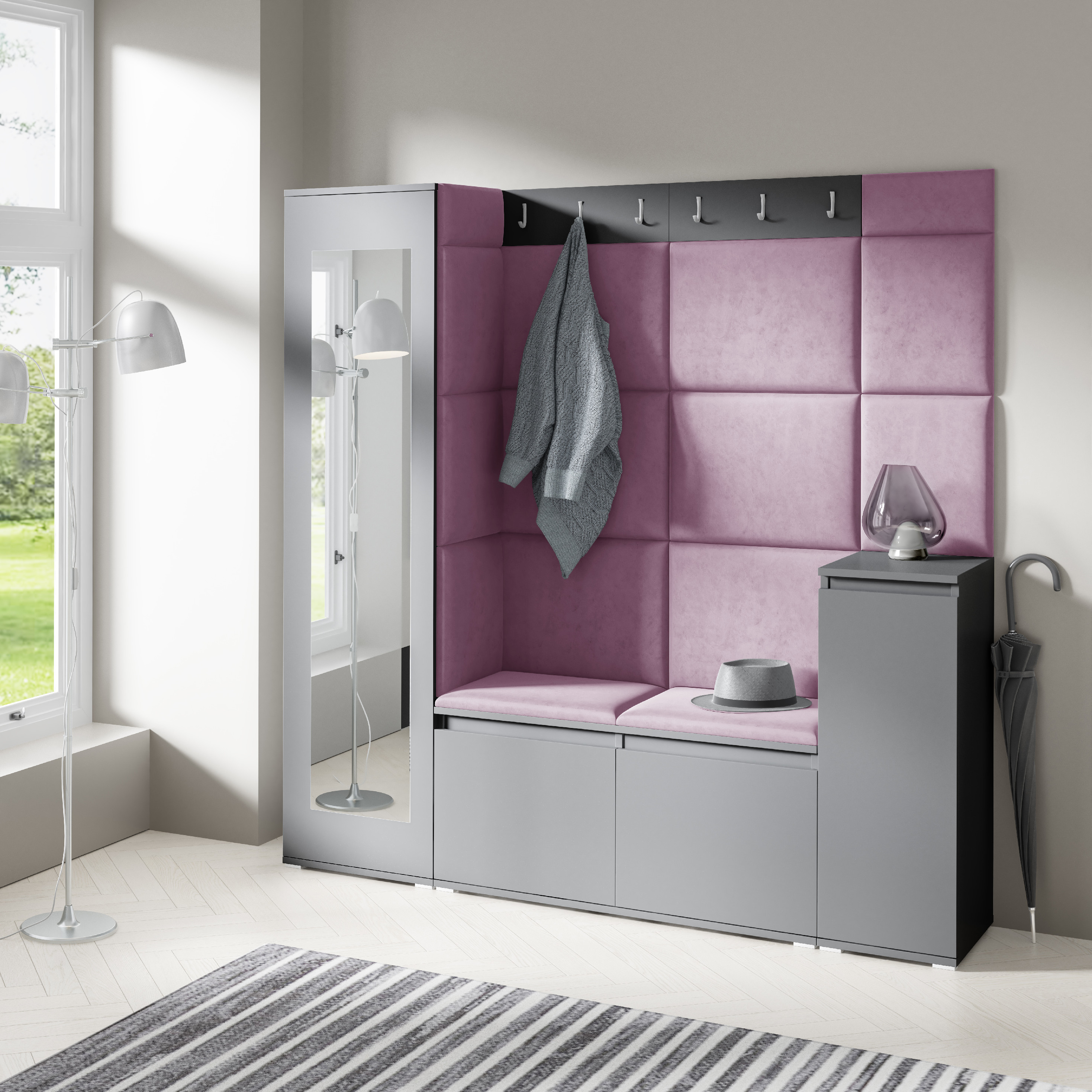 Eka Předsíňová stěna s čalouněnými panely Trinity 28 - Grafit / Fialová 2311