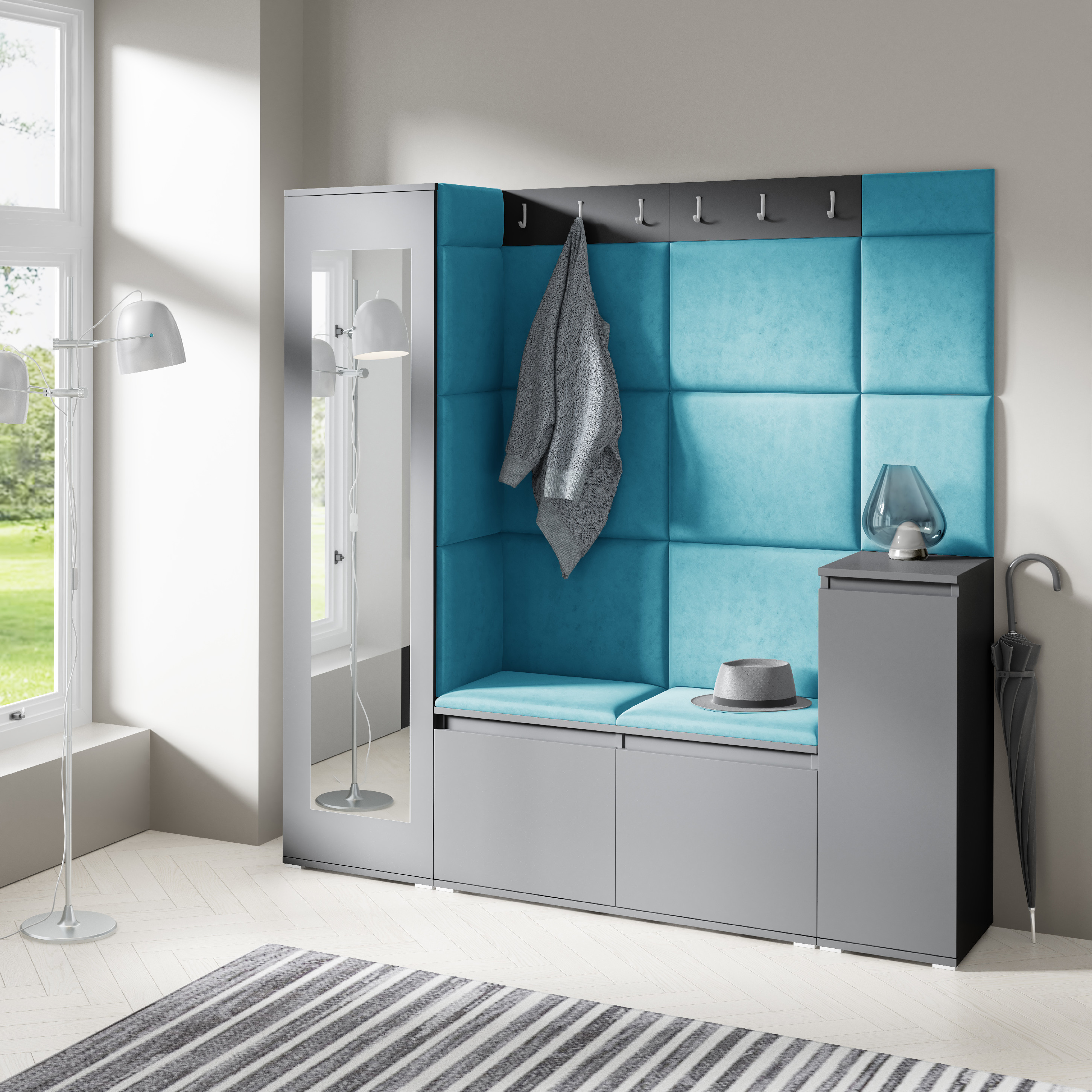 Eka Předsíňová stěna s čalouněnými panely Trinity 28 - Grafit / Azurová 2313
