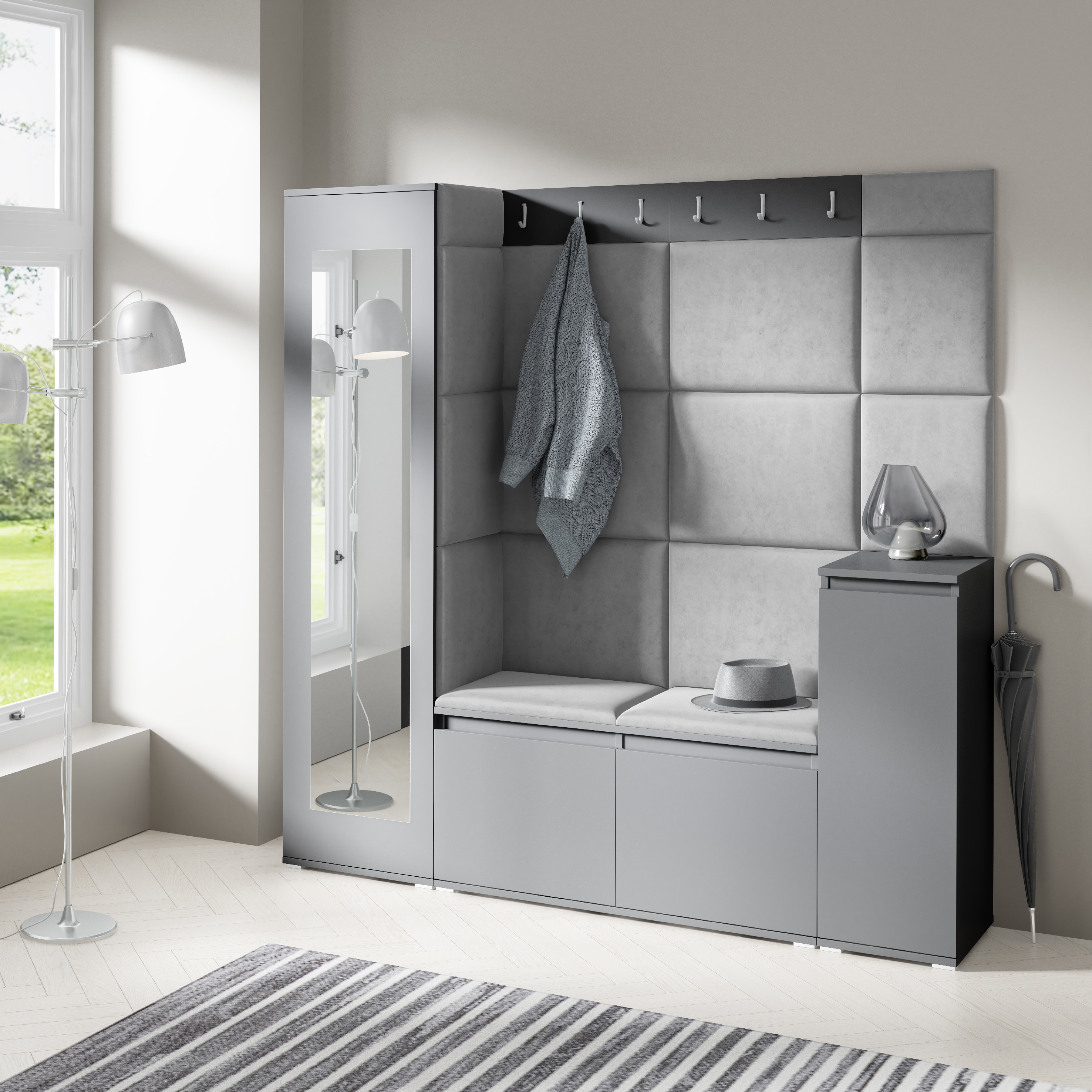 Eka Předsíňová stěna s čalouněnými panely Trinity 28 - Grafit / Šedá 2314