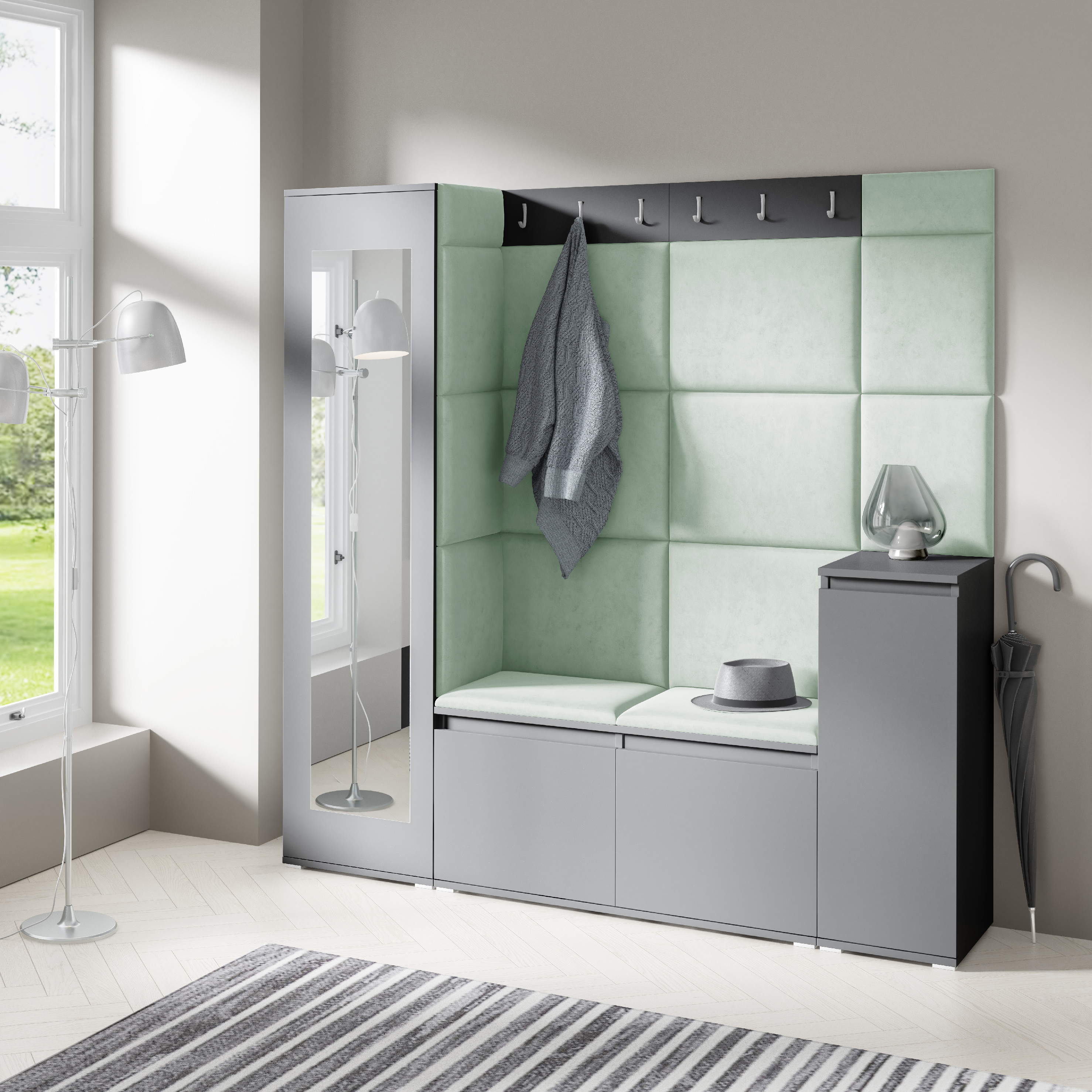 Eka Předsíňová stěna s čalouněnými panely Trinity 28 - Grafit / Světlá zelená 2321