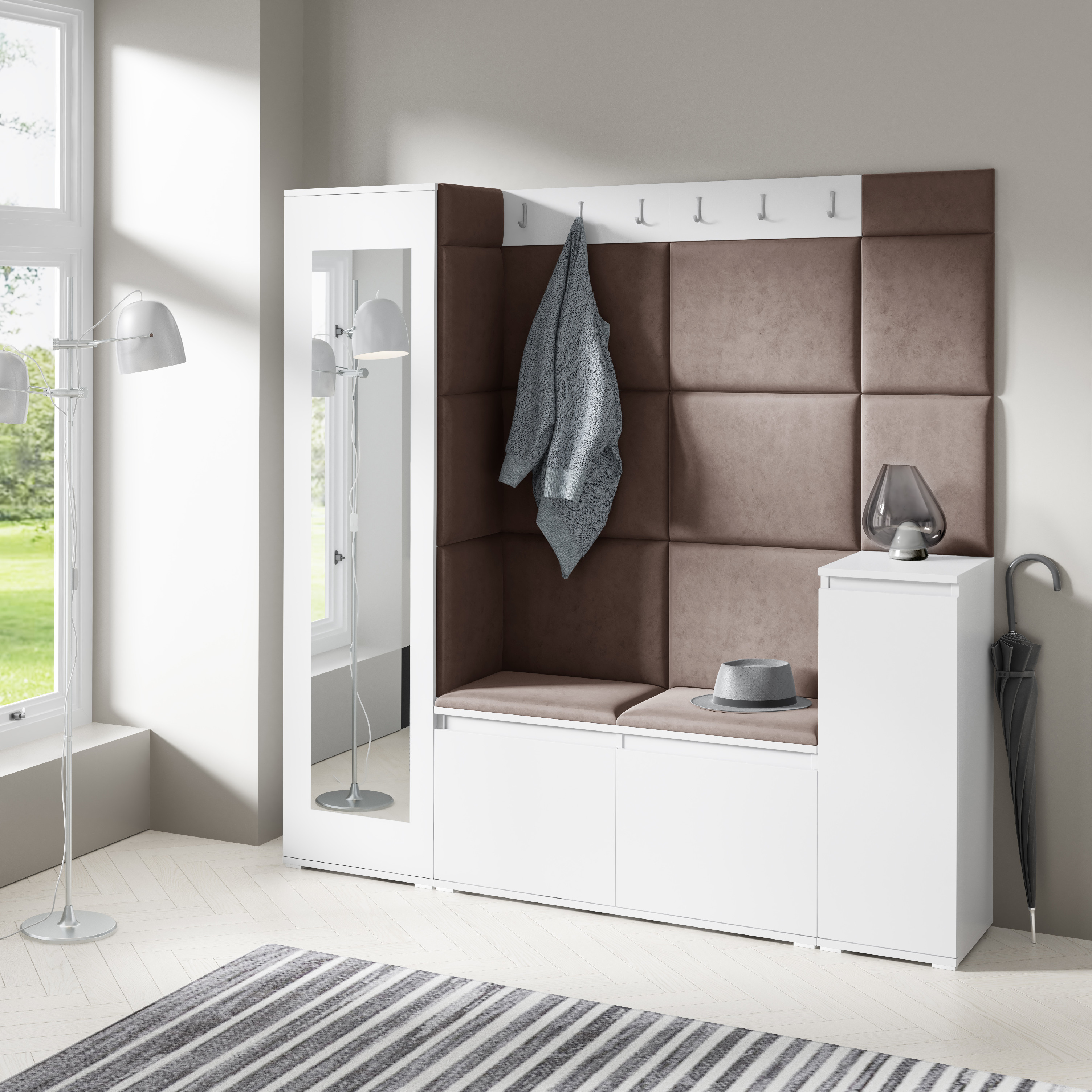 Eka Předsíňová stěna s čalouněnými panely Trinity 28 - Bílá / Tmavá hnědá 2308