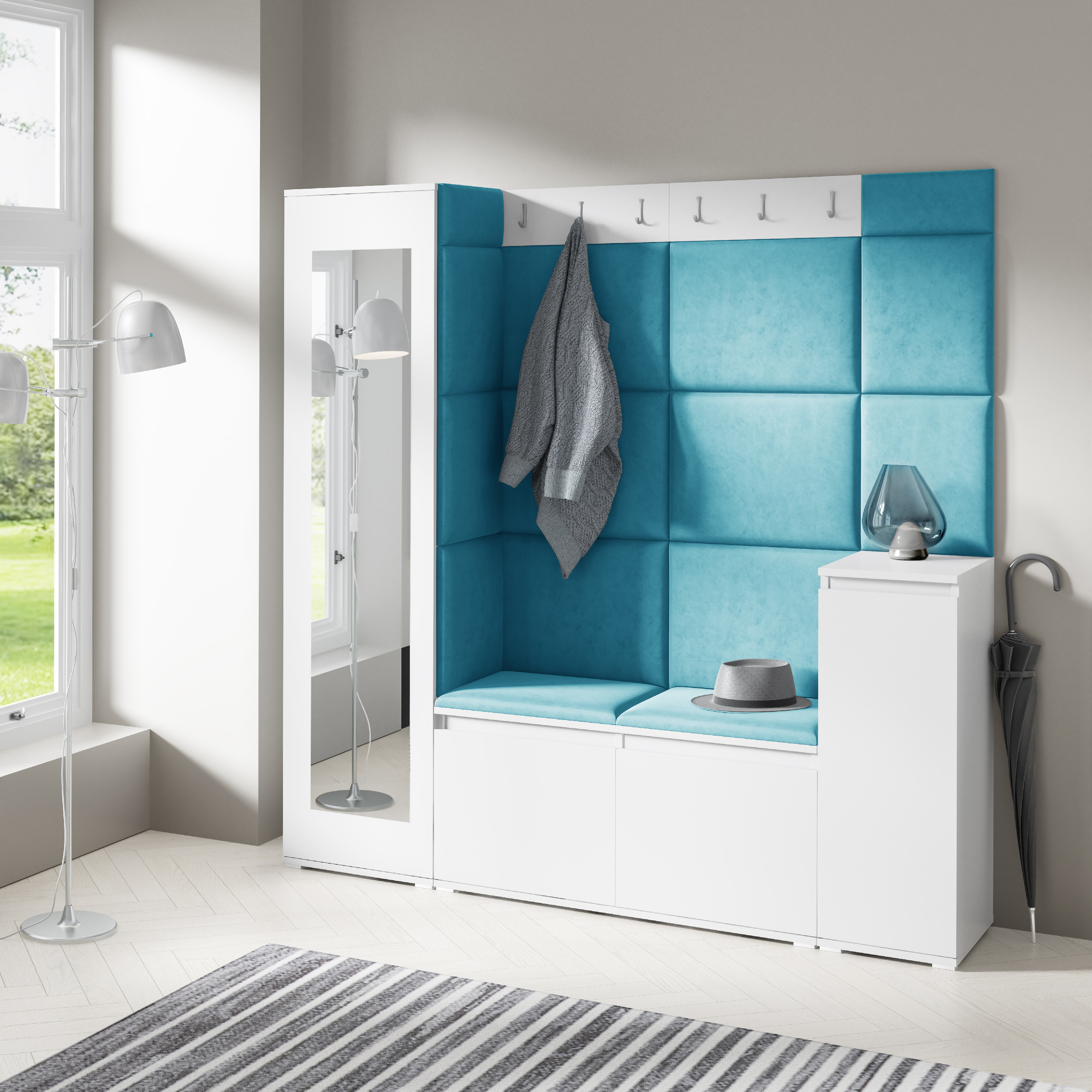 Eka Předsíňová stěna s čalouněnými panely Trinity 28 - Bílá / Azurová 2313