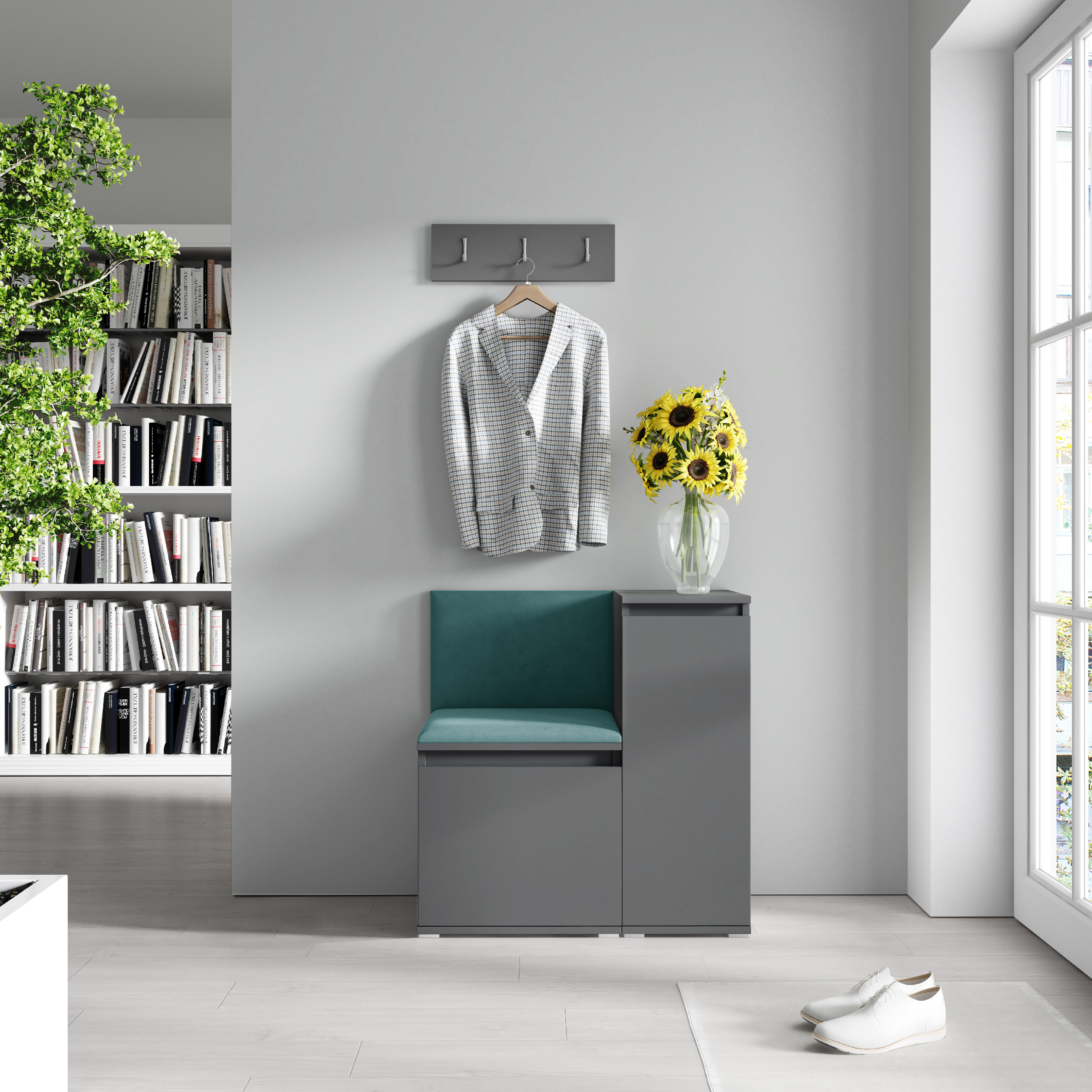 Eka Předsíňová stěna s čalouněnými panely Trinity 30 - Grafit / Tmavá zelená 2328