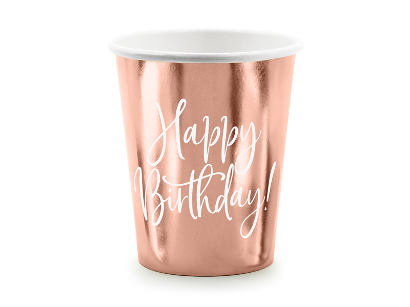 Levně PCo Papírové kelímky - motiv Happy Birthday, rose gold 260 ml, 6ks