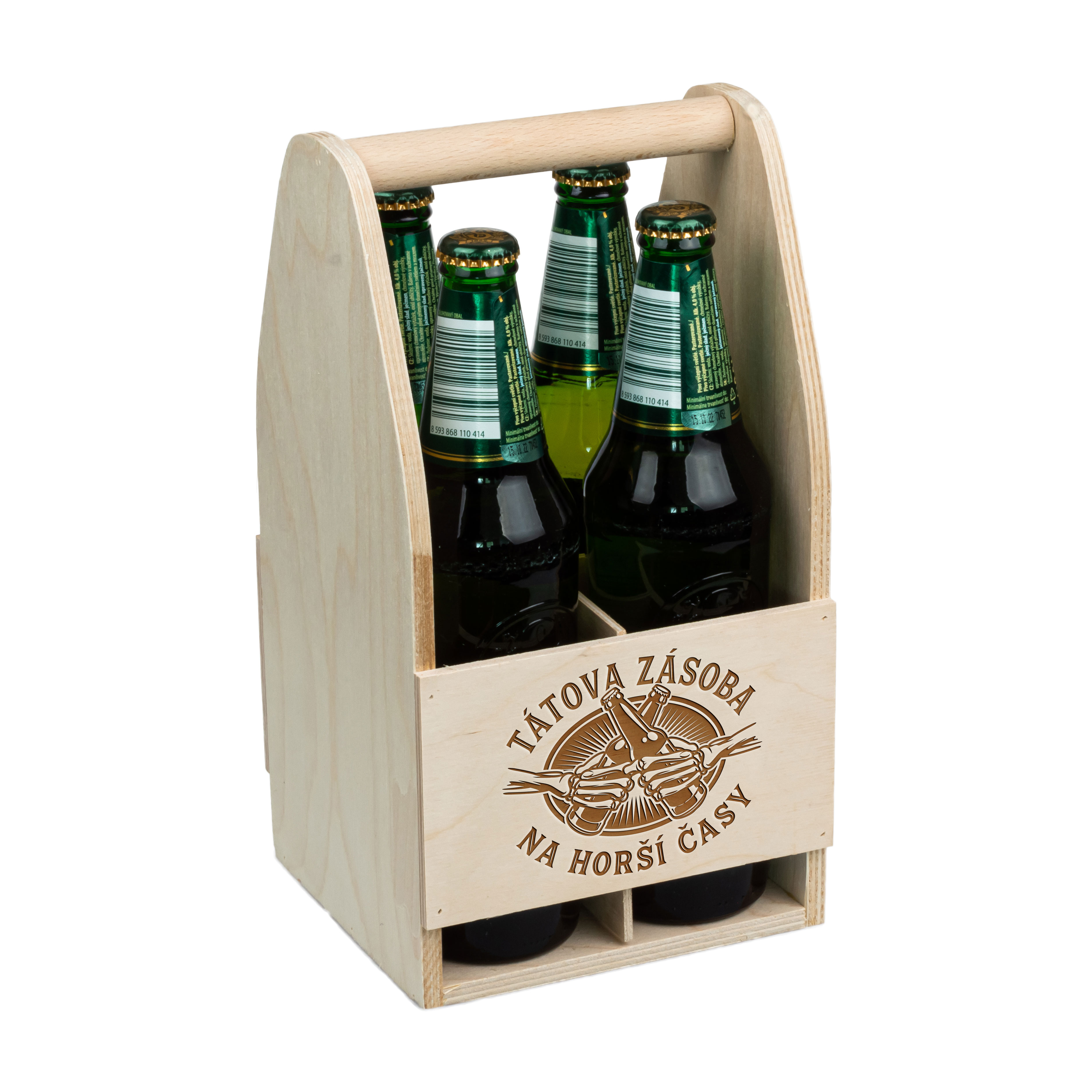 FK Dřevěný nosič na pivo TÁTOVA ZÁSOBA NA HORŠÍ ČASY - 30x16x16 cm, Přírodní