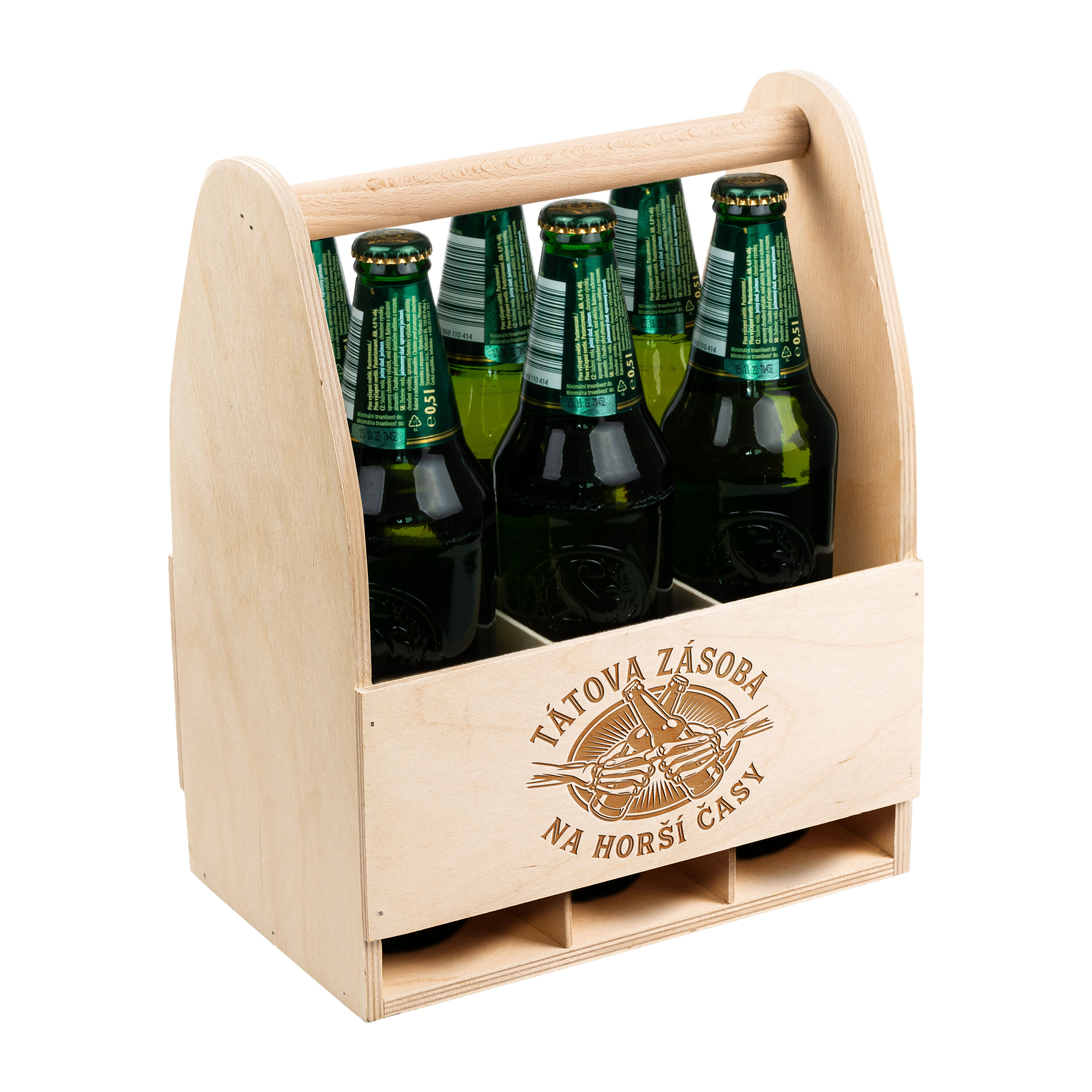 FK Dřevěný nosič na pivo TÁTOVA ZÁSOBA NA HORŠÍ ČASY - 32x26x16 cm, Přírodní