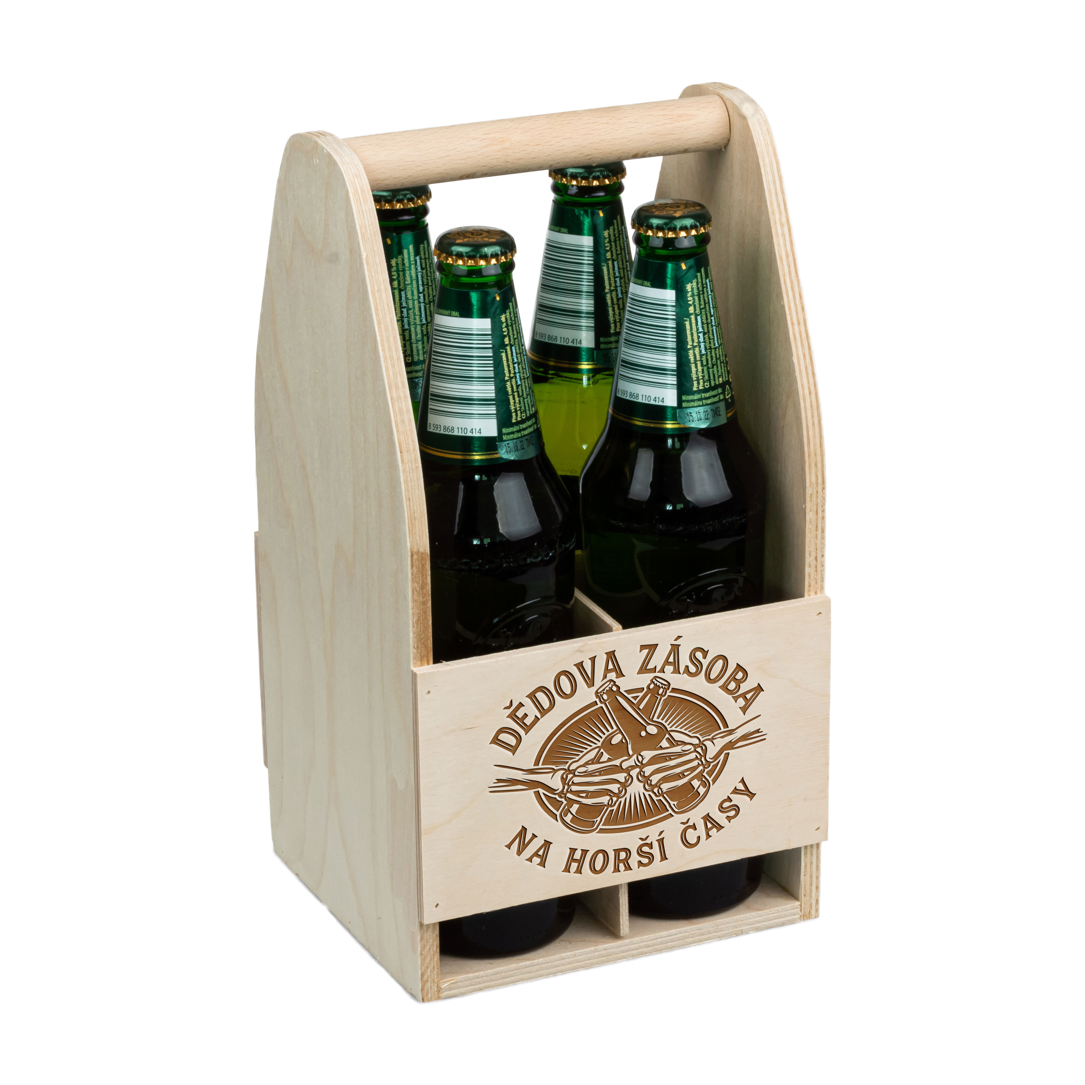 FK Dřevěný nosič na pivo DĚDOVA ZÁSOBA NA HORŠÍ ČASY - 30x16x16 cm, Přírodní