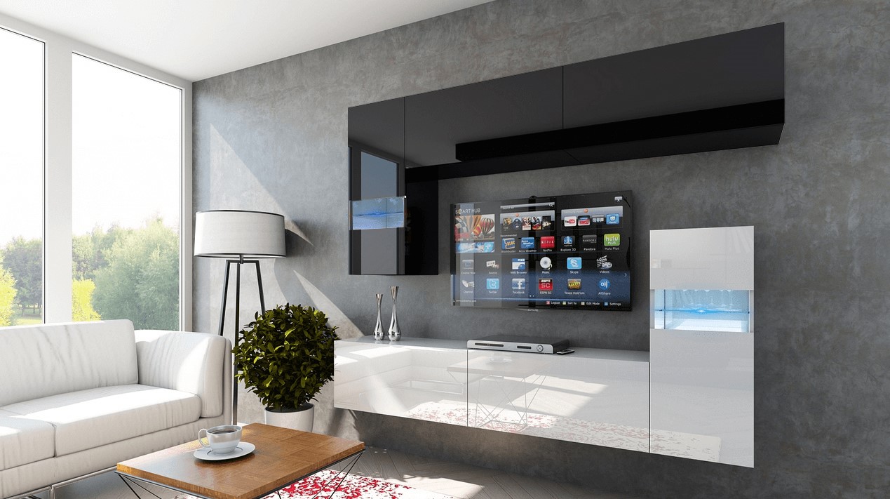 Ral Obývací stěna HOUSTON 6, 219 cm - Černo/bílý lesk