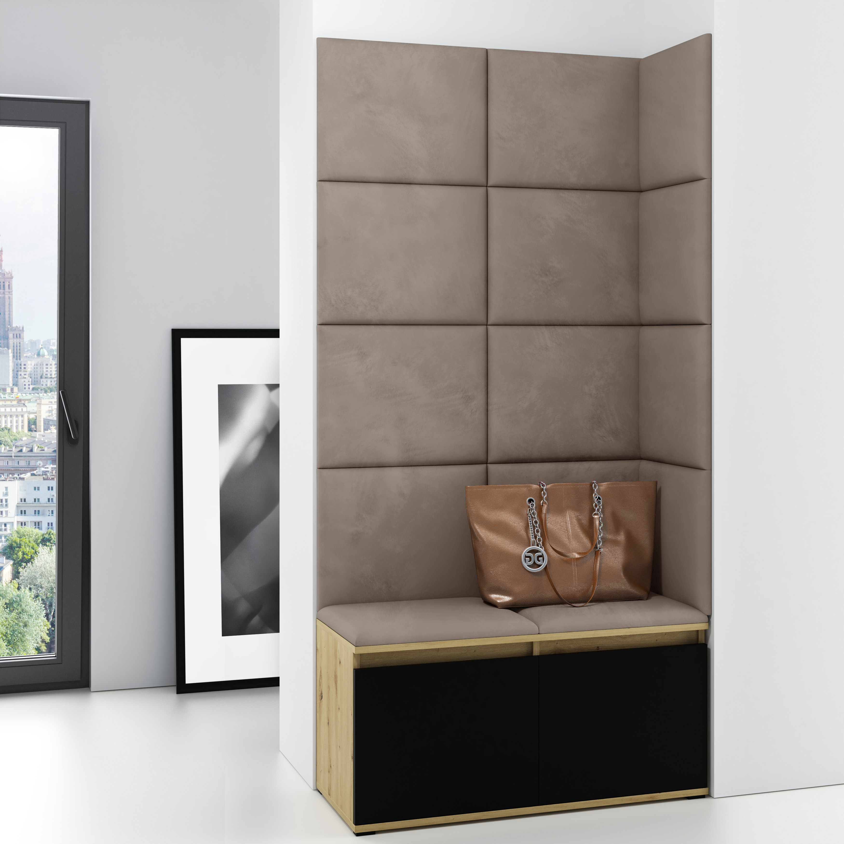 Eka Předsíňová stěna s čalouněnými panely Trinity 2 - Dub Artisan s černou / Tmavá béžová 2305