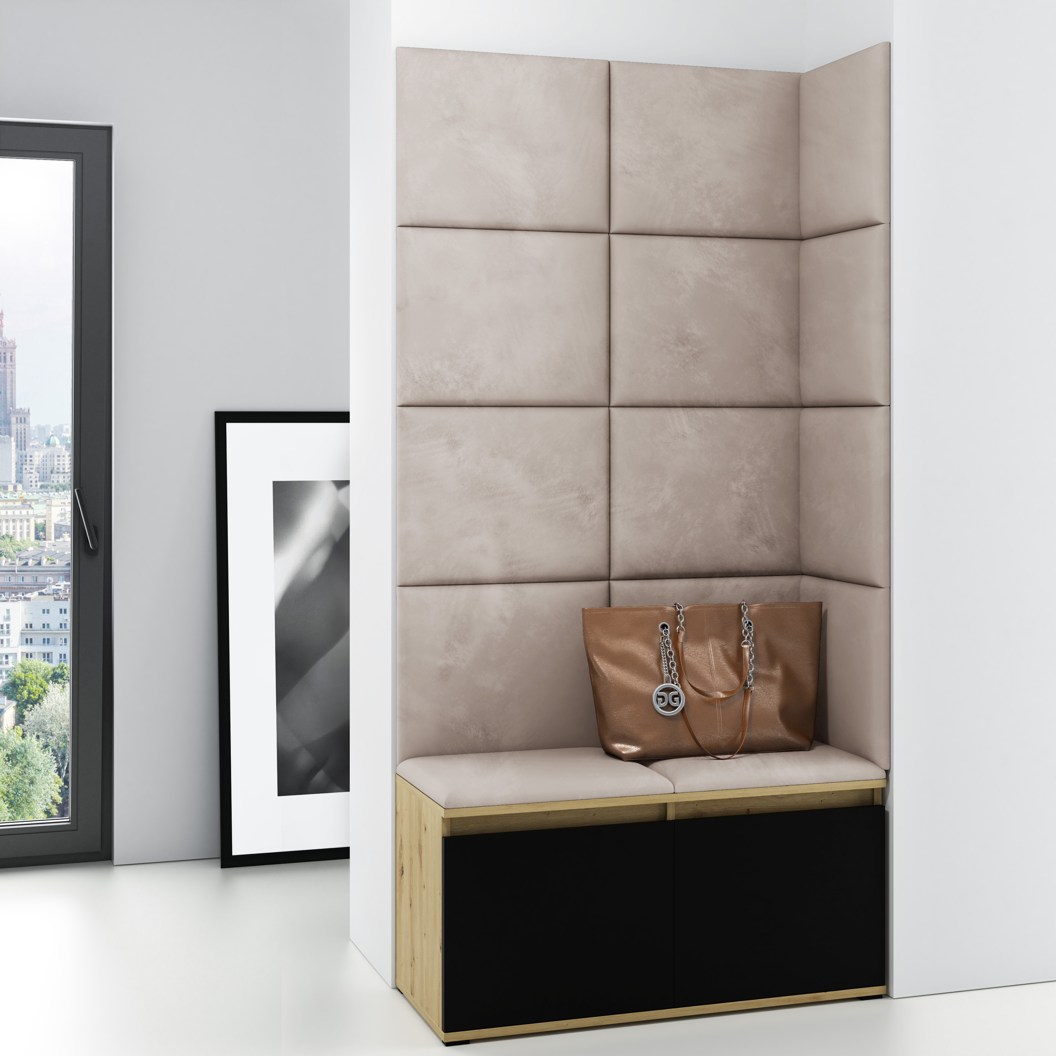 Eka Předsíňová stěna s čalouněnými panely Trinity 2 - Dub Artisan s černou / Tmavá krémová 2302