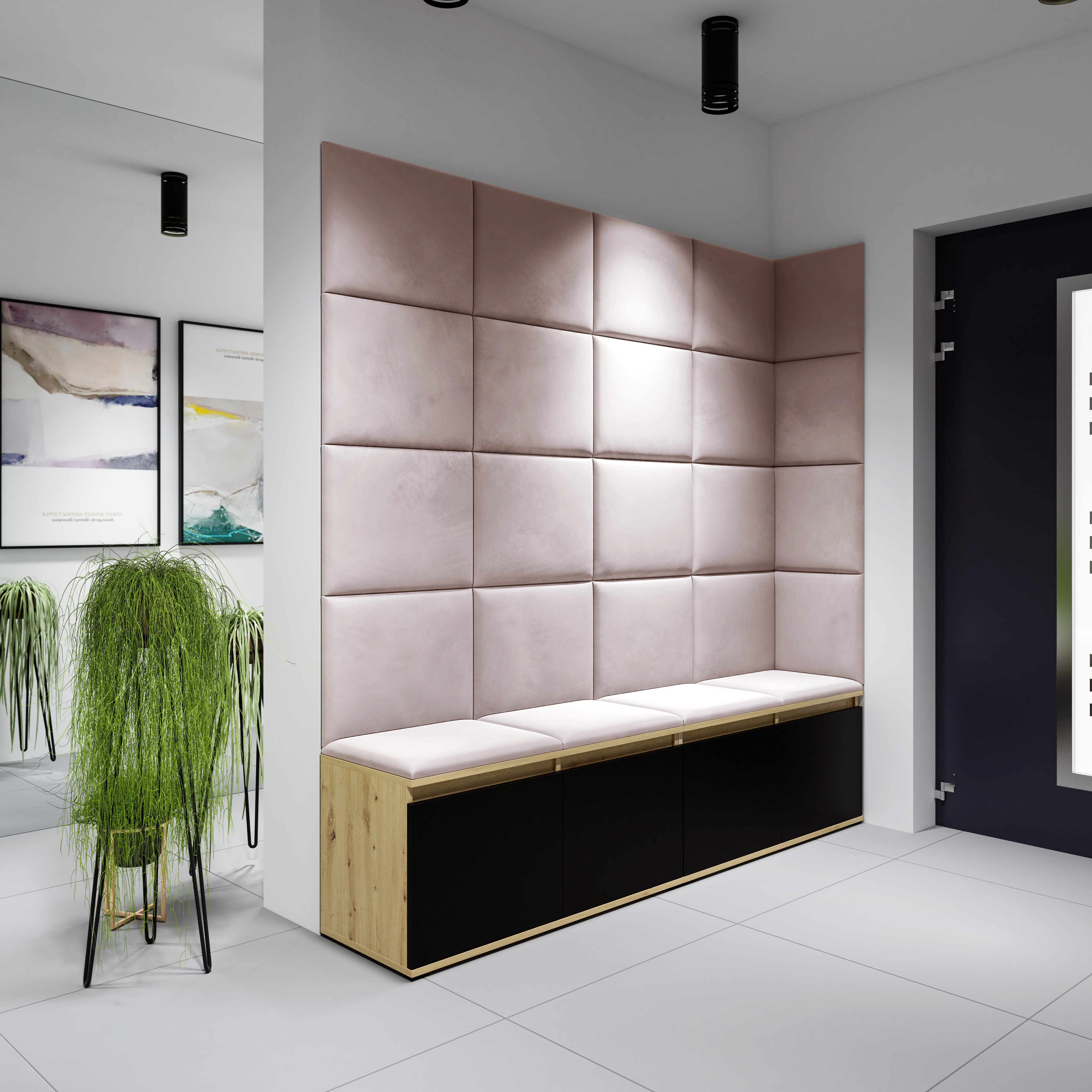 Eka Předsíňová stěna s čalouněnými panely Trinity 3 - Dub Artisan s černou / Světlá růžová 2319