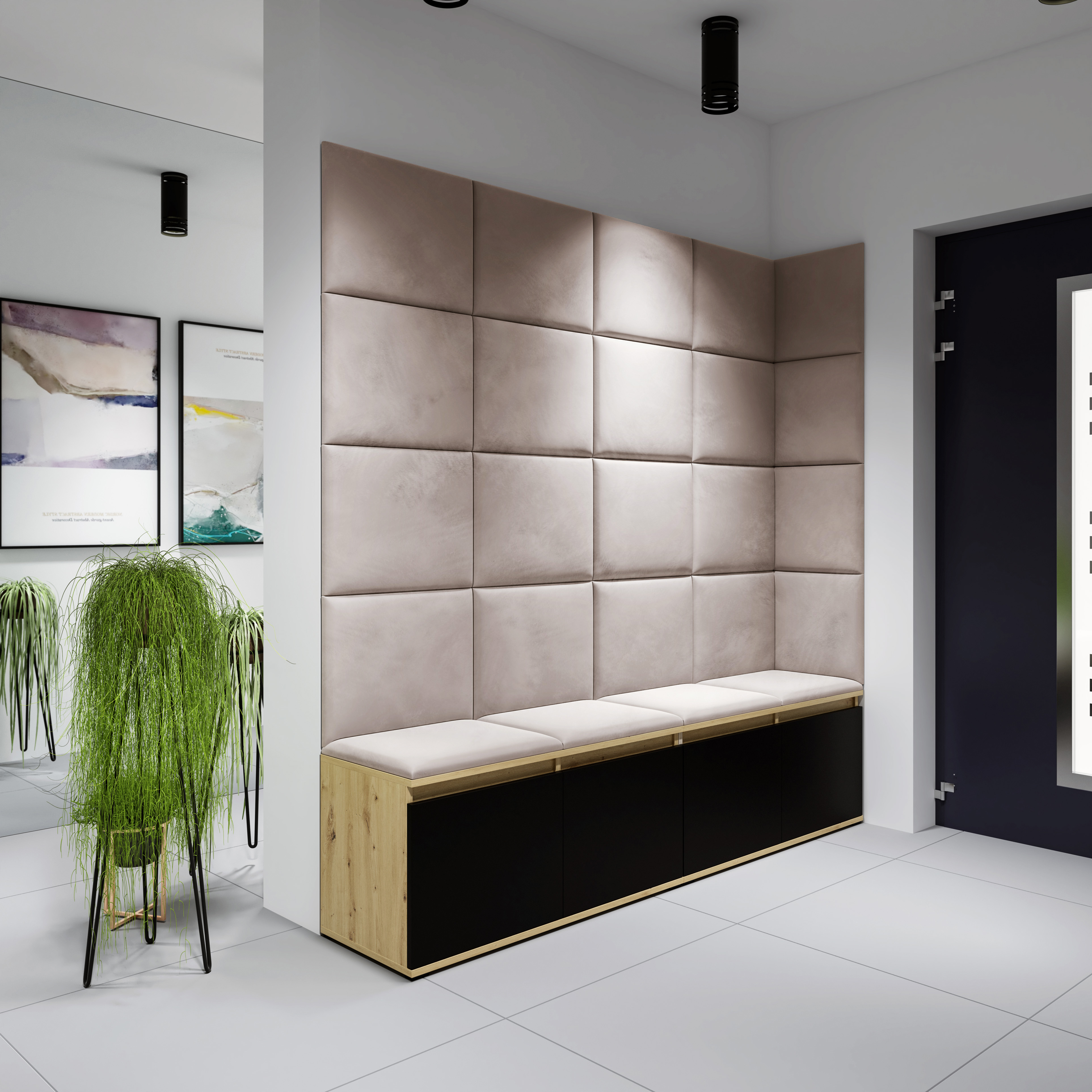 Eka Předsíňová stěna s čalouněnými panely Trinity 3 - Dub Artisan s černou / Tmavá krémová 2302