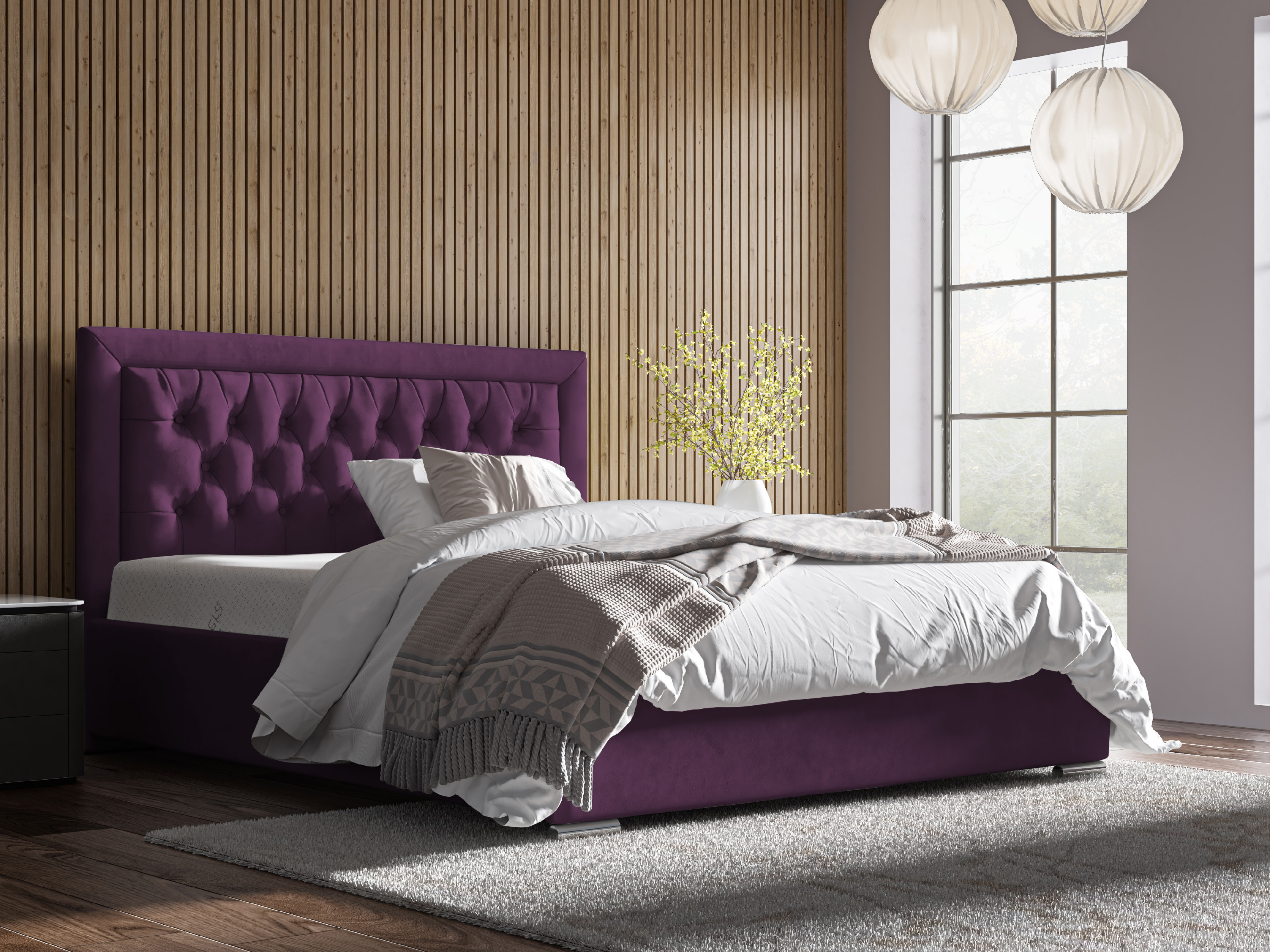 Eka Čalouněná postel Mona - Kronos 140x200 cm Barva látky: Fialová (03), Úložný prostor: S dřevěným rámem úložného prostoru