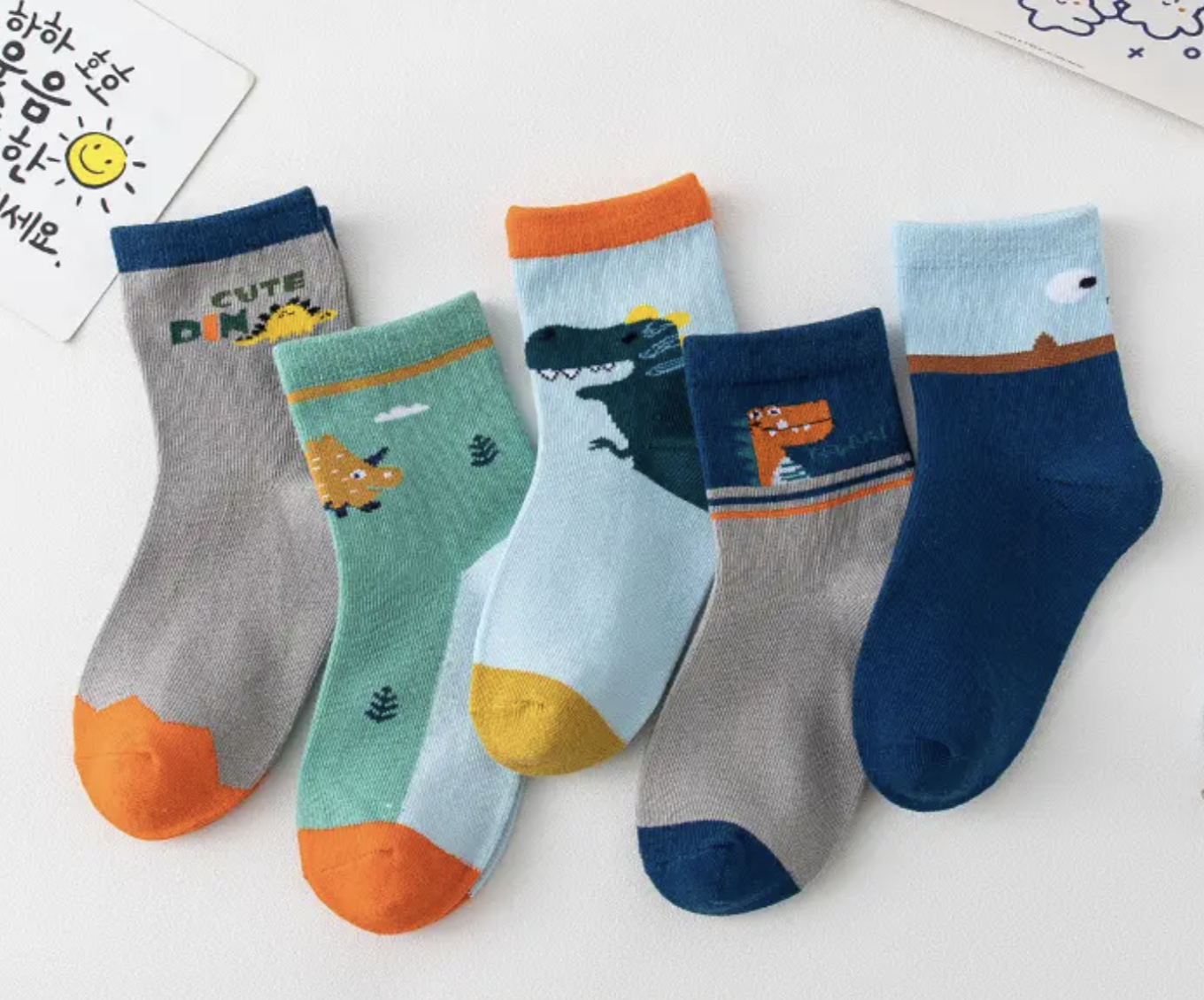 Levně AL Dětské ponožky z organické bavlny 5 párů - Dinosauři s oranžovou 12 - 15 cm / 1 - 3 roky