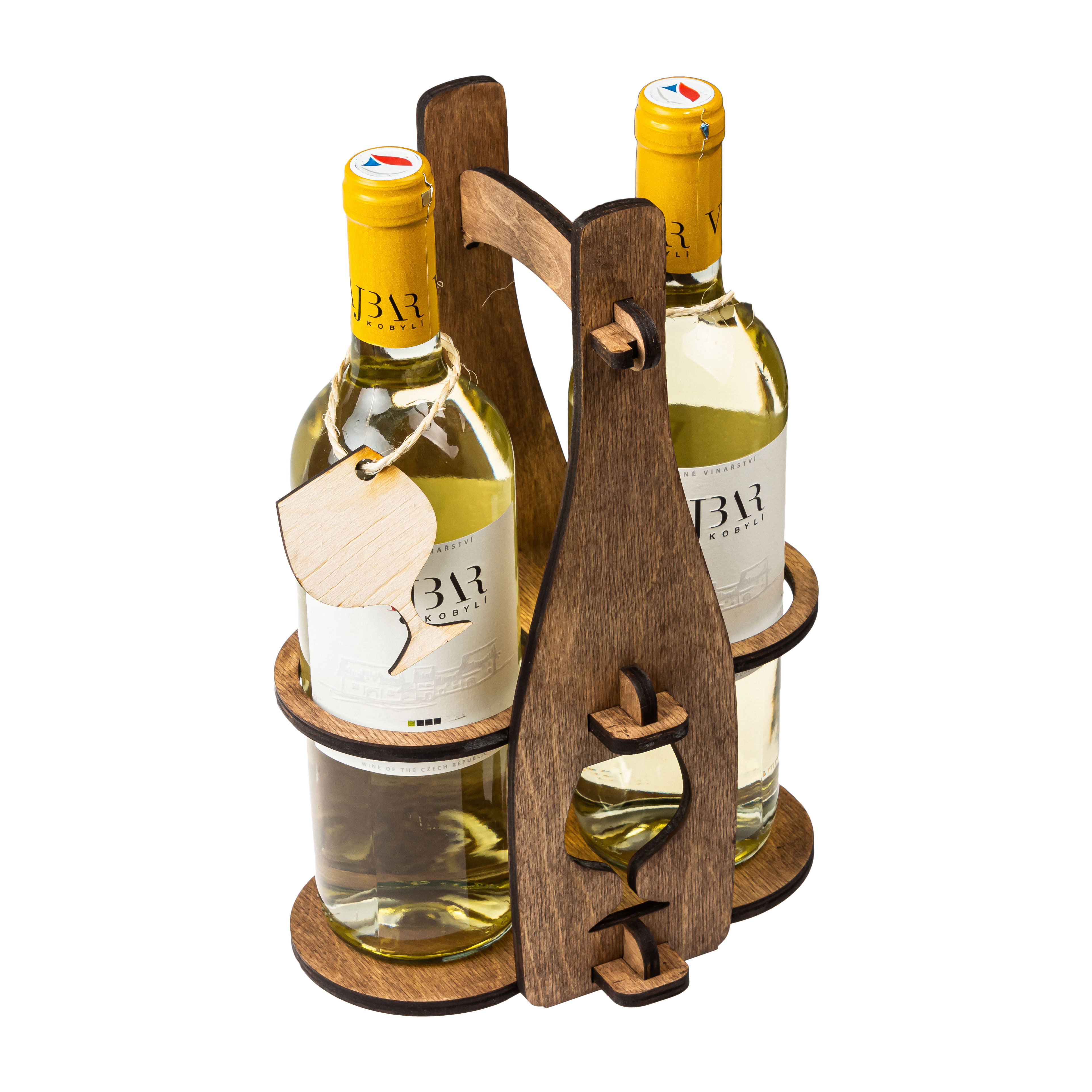 Levně Dřevěný dárkový nosič na 2 vína s visačkou ve tvaru láhve, Šedá