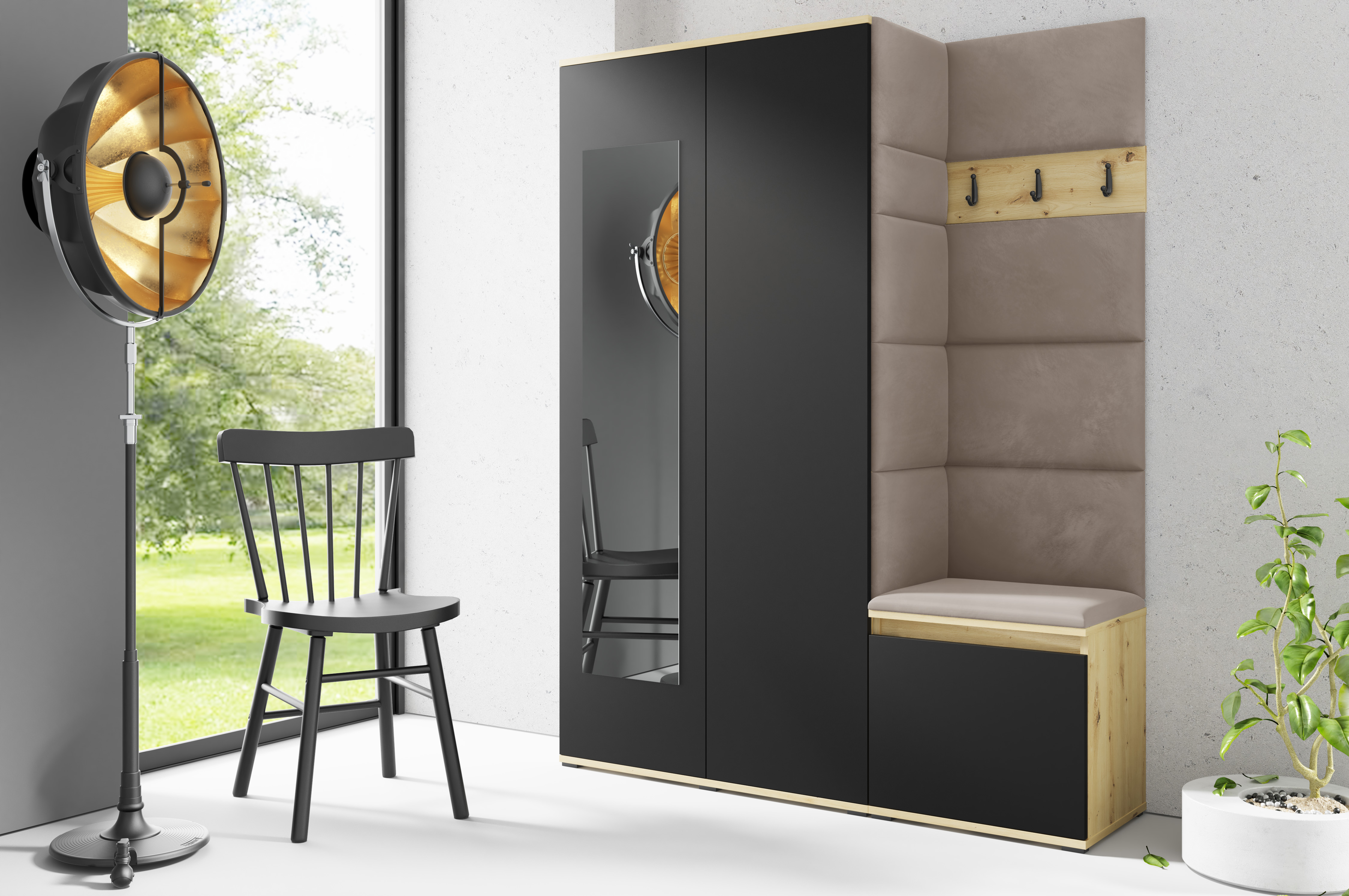 Eka Předsíňová stěna s čalouněnými panely Trinity 11 - Dub Artisan s černou / Světlá béžová 2303