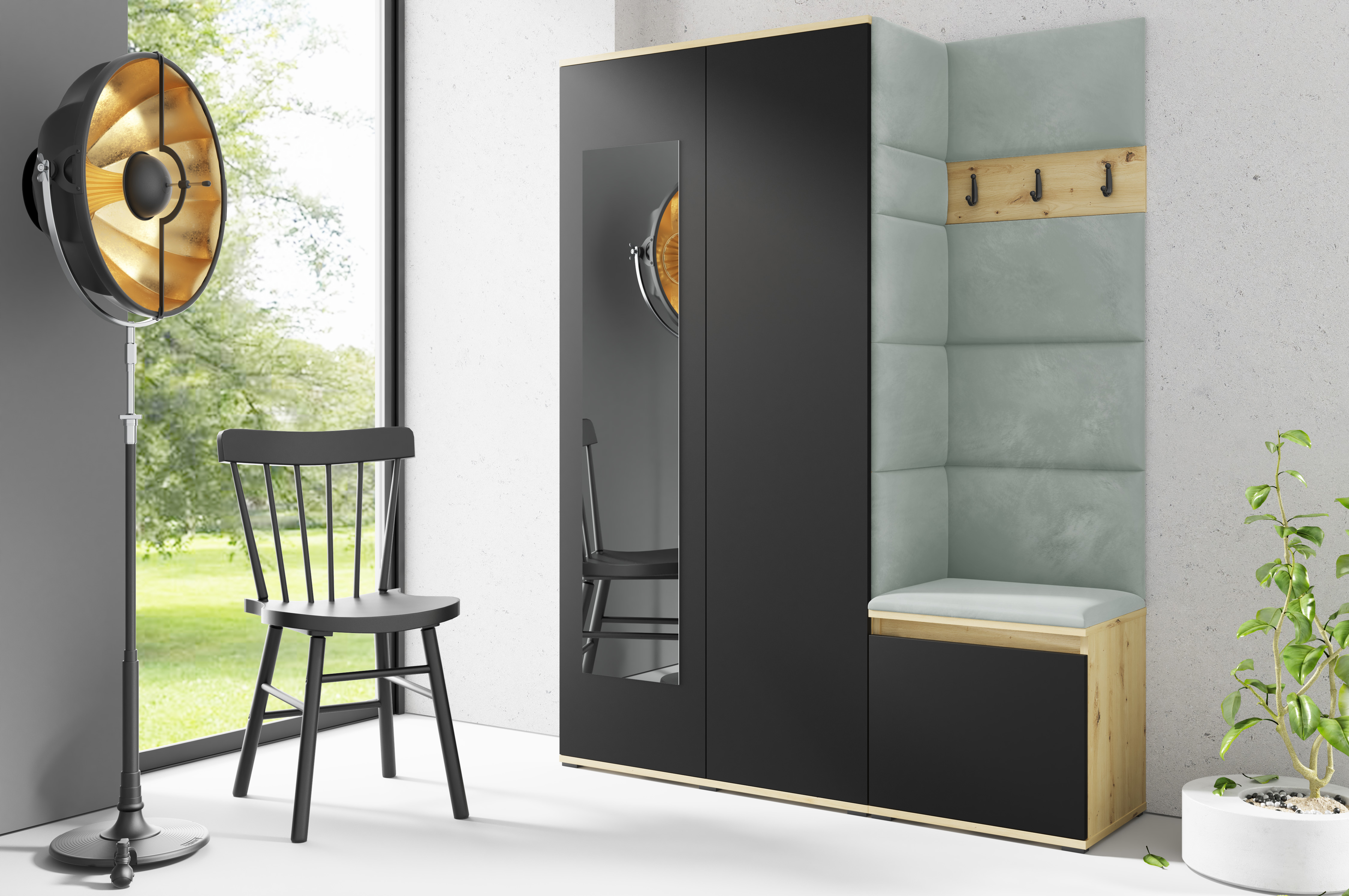 Eka Předsíňová stěna s čalouněnými panely Trinity 11 - Dub Artisan s černou / Světlá zelená 2321