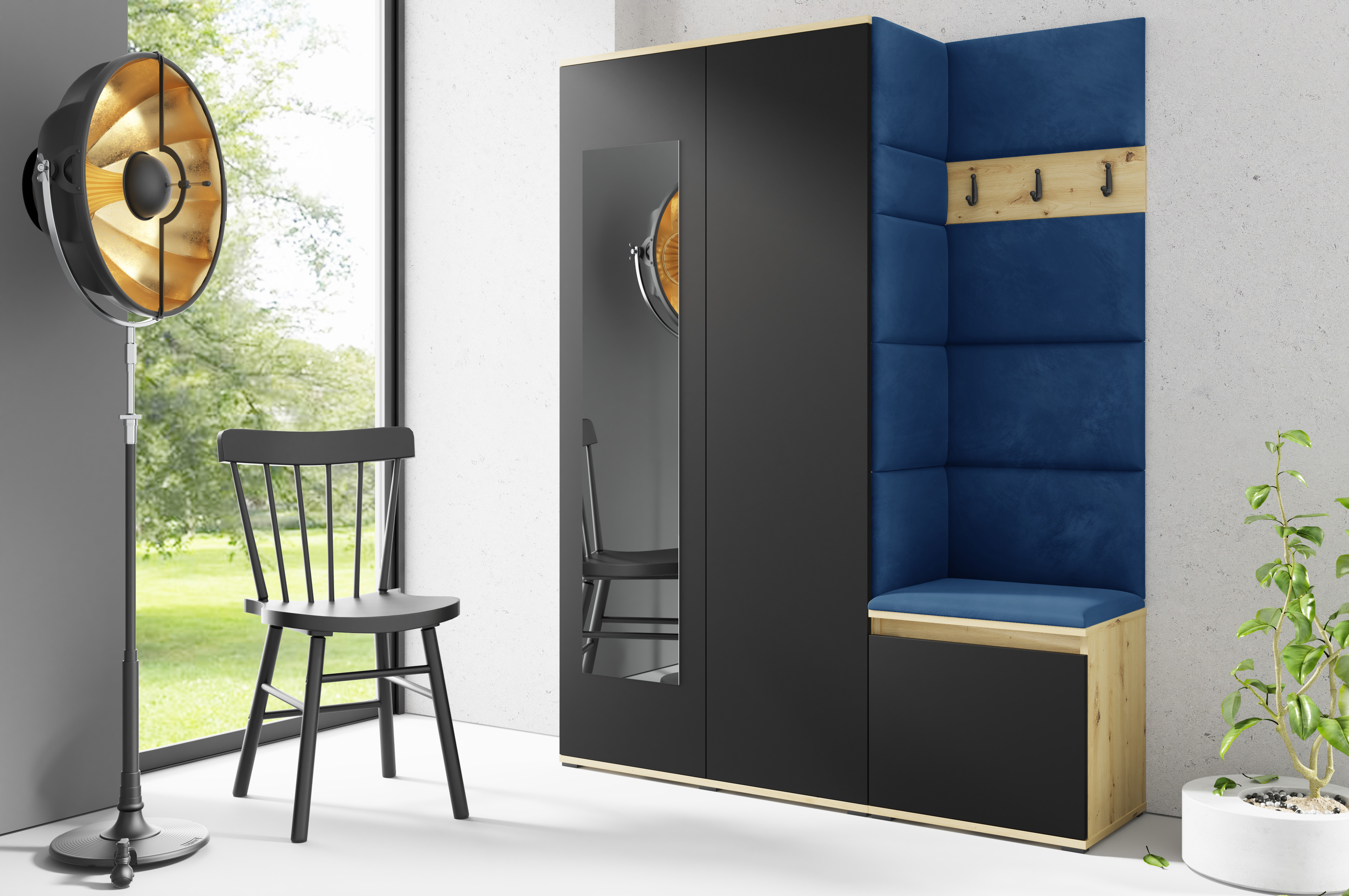 Eka Předsíňová stěna s čalouněnými panely Trinity 11 - Dub Artisan s černou / Tmavá modrá 2331