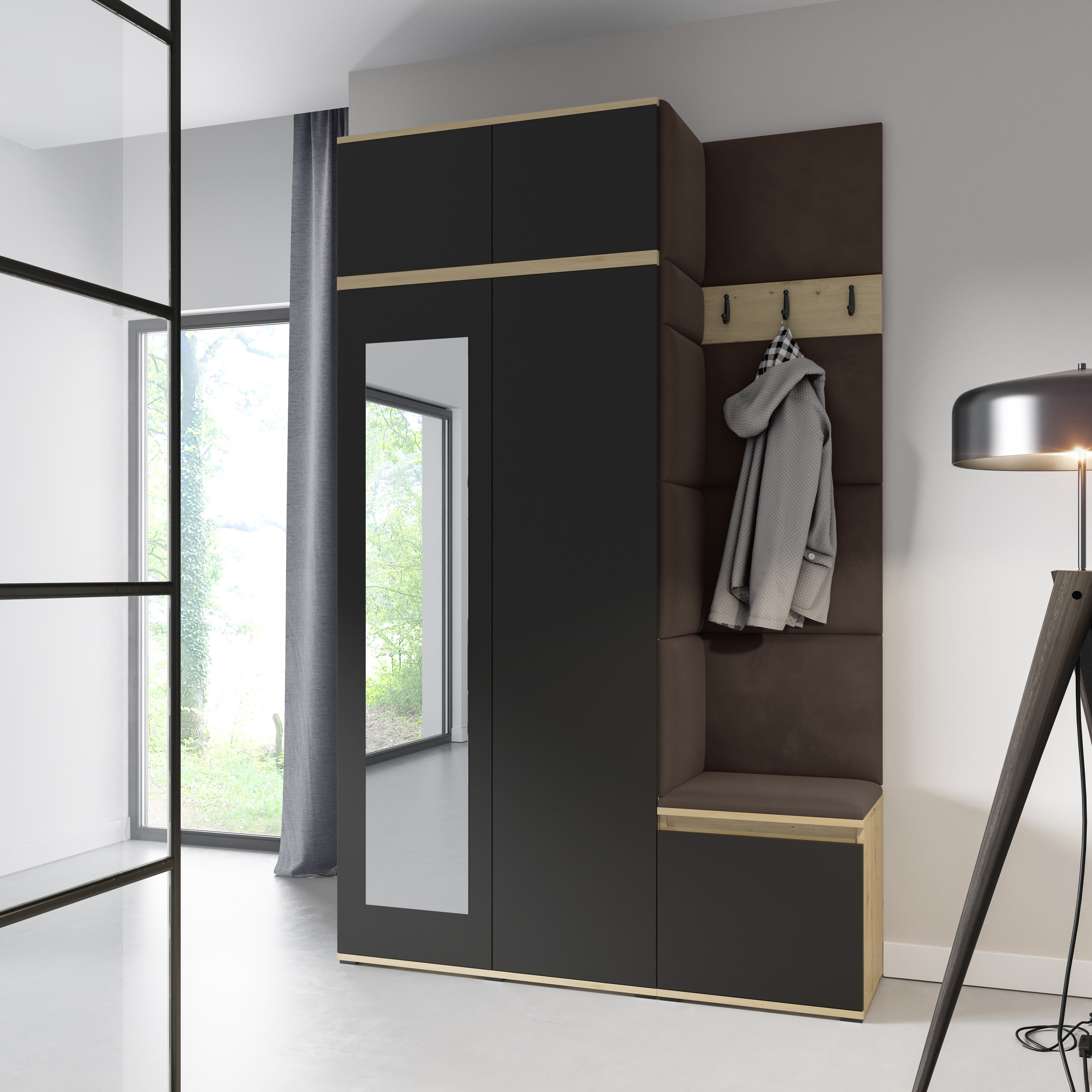 Eka Předsíňová stěna s čalouněnými panely Trinity 20 - Dub Artisan s černou / Tmavá hnědá 2308