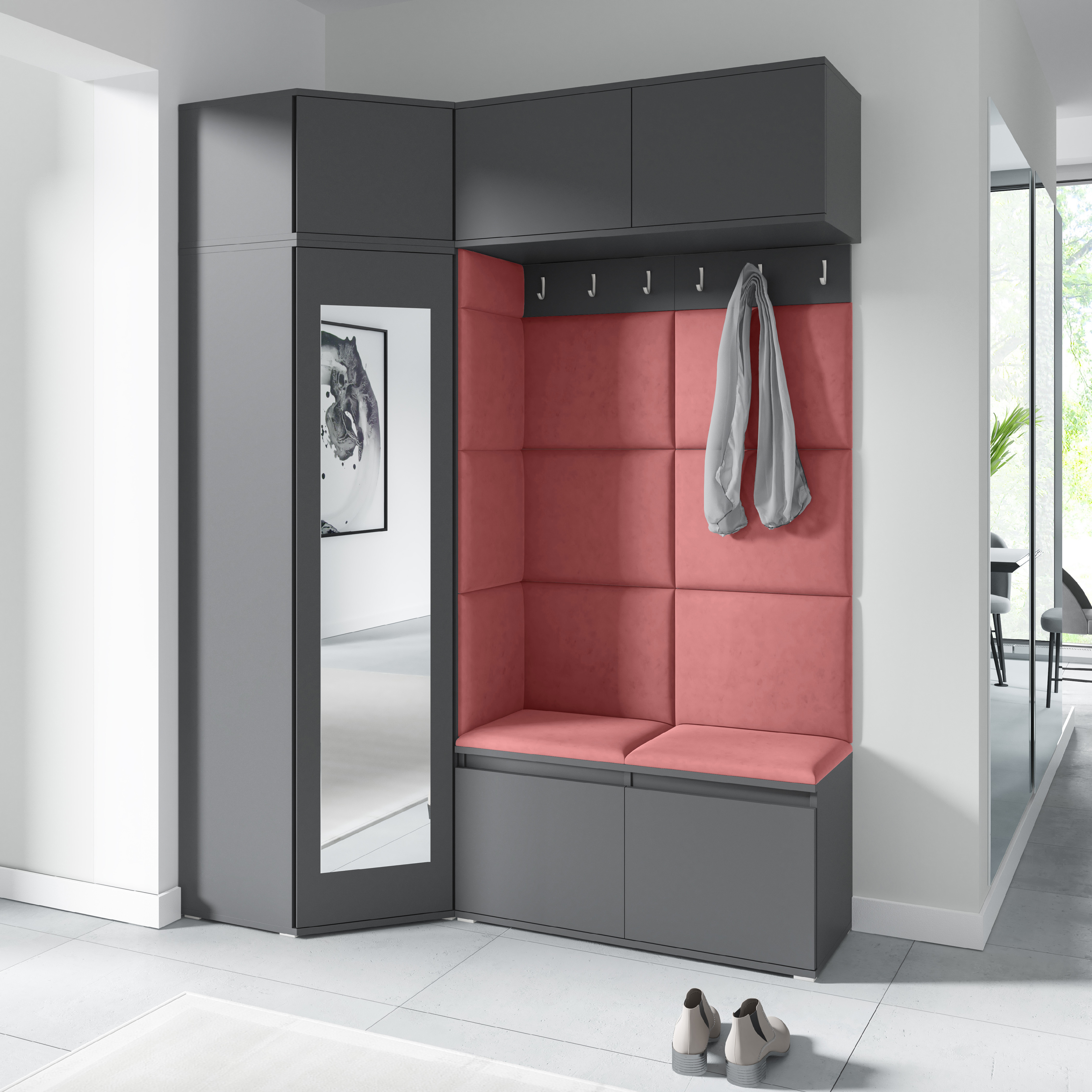 Eka Předsíňová stěna s čalouněnými panely Trinity 38 - Grafit / Tmavá růžová 2323