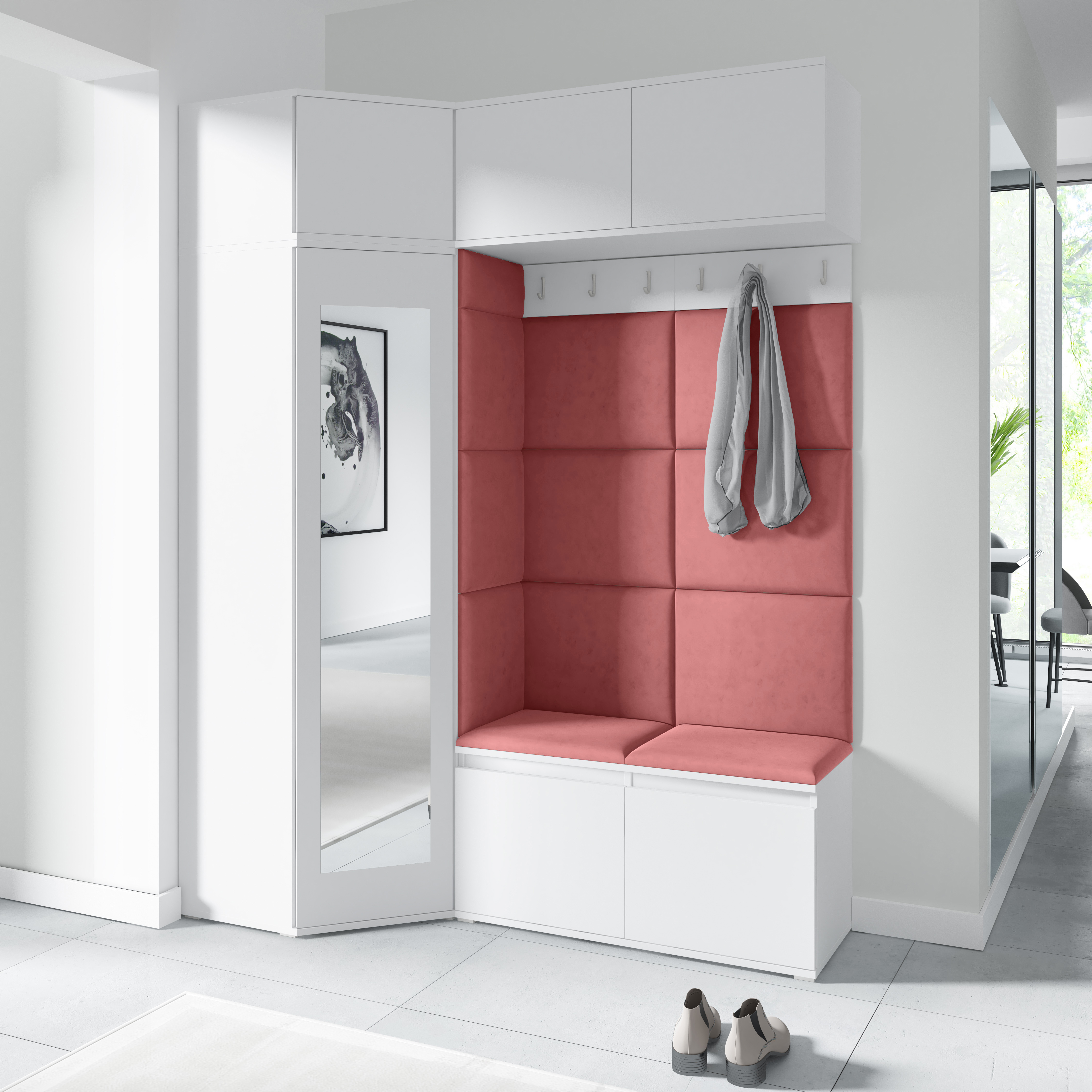 Eka Předsíňová stěna s čalouněnými panely Trinity 38 - Bílá / Tmavá růžová 2323