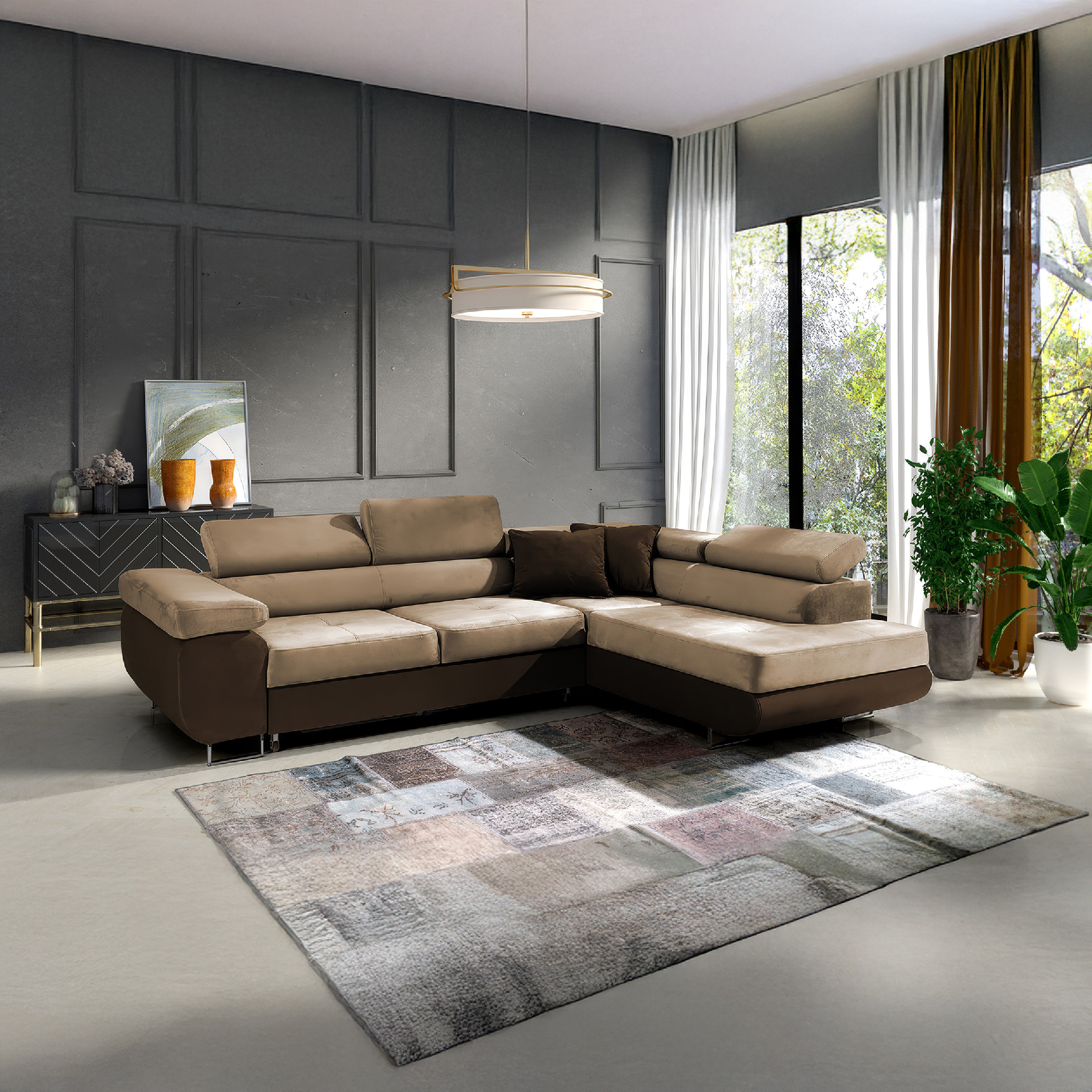 Eka Rohová sedačka URUS, 271 cm Roh pohovky: Pravý, Barva látky: Hnědá s béžovou (Kronos 06 + Kronos 35)