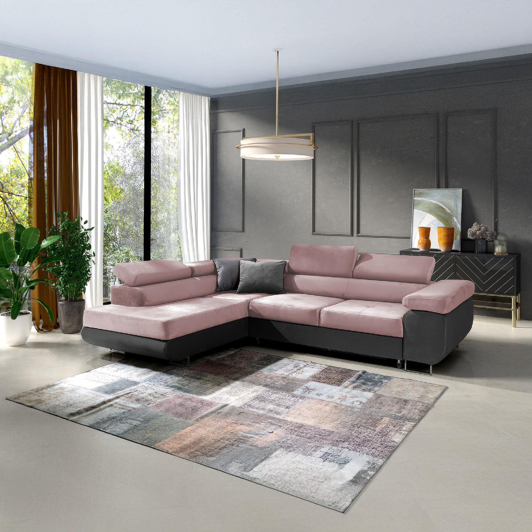 Eka Rohová sedačka URUS, 271 cm Roh pohovky: Levý, Barva látky: Světlá růžová s šedou (Kronos 27 + Kronos 22)