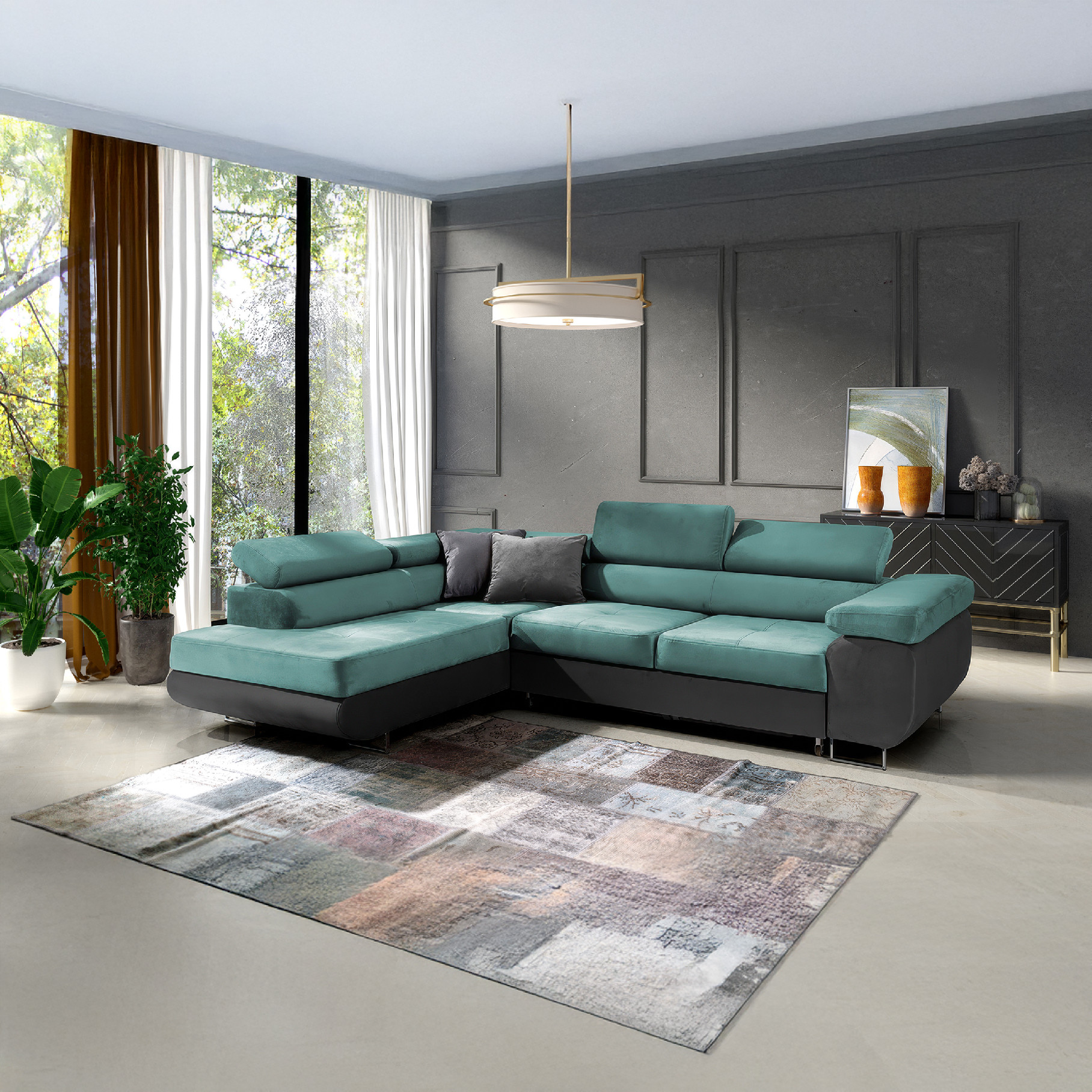 Eka Rohová sedačka URUS, 271 cm Roh pohovky: Levý, Barva látky: Mintová s šedou (Kronos 26 + Kronos 22)