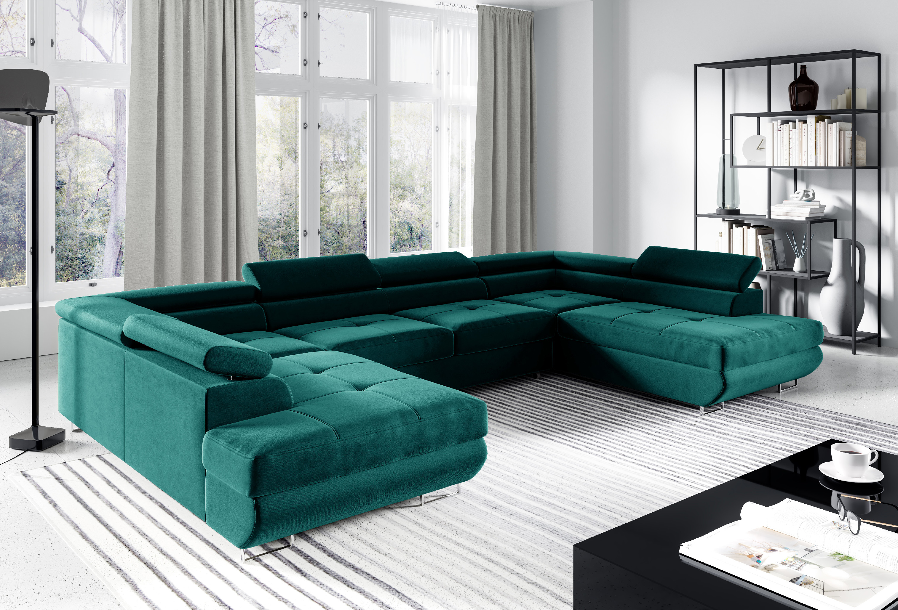 Eka Rohová sedačka LEONARDO do U, 335 cm Barva látky: MONOLITH 37 (Smaragdově zelená)