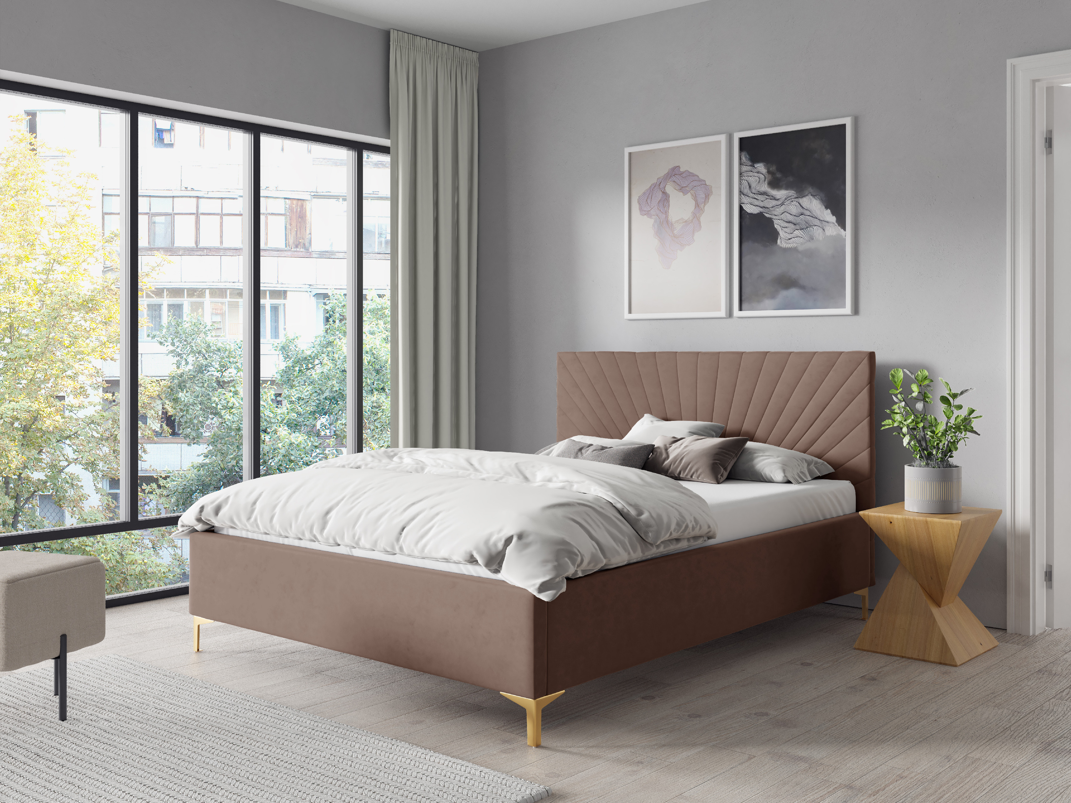 Eka Čalouněná postel AFRODITE+ 140x200 cm Barva látky Trinity: (2305) Tmavá béžová, Úložný prostor: S dřevěným rámem úložného prostoru