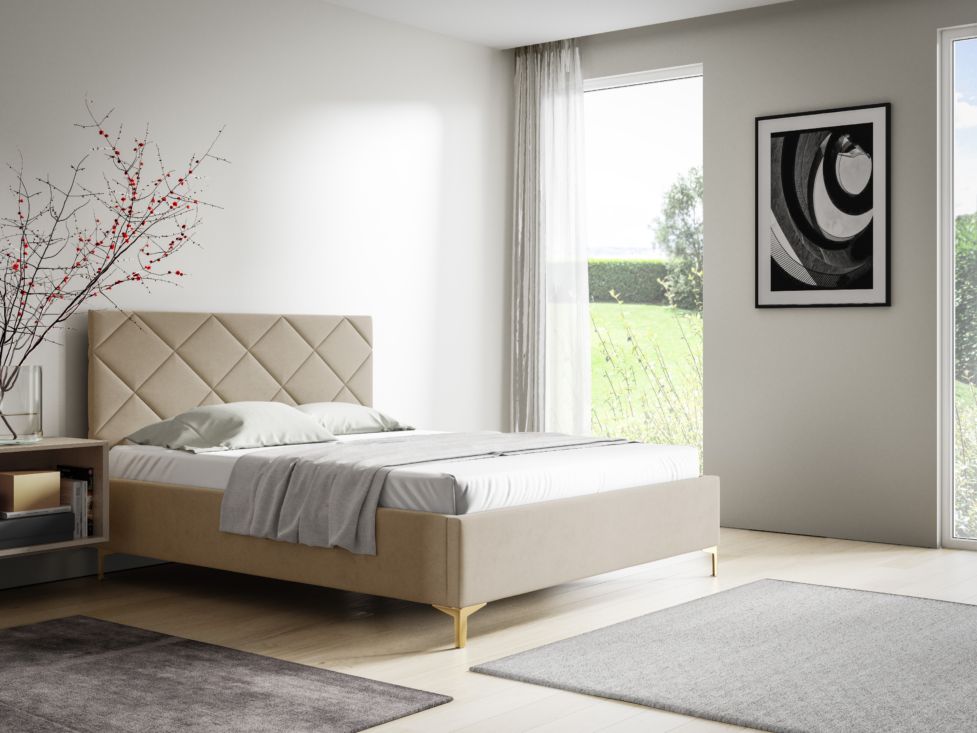 Eka Čalouněná postel DIAMOND+ 90x200 cm Barva látky Trinity: (2302) Krémová, Úložný prostor: S dřevěným rámem úložného prostoru
