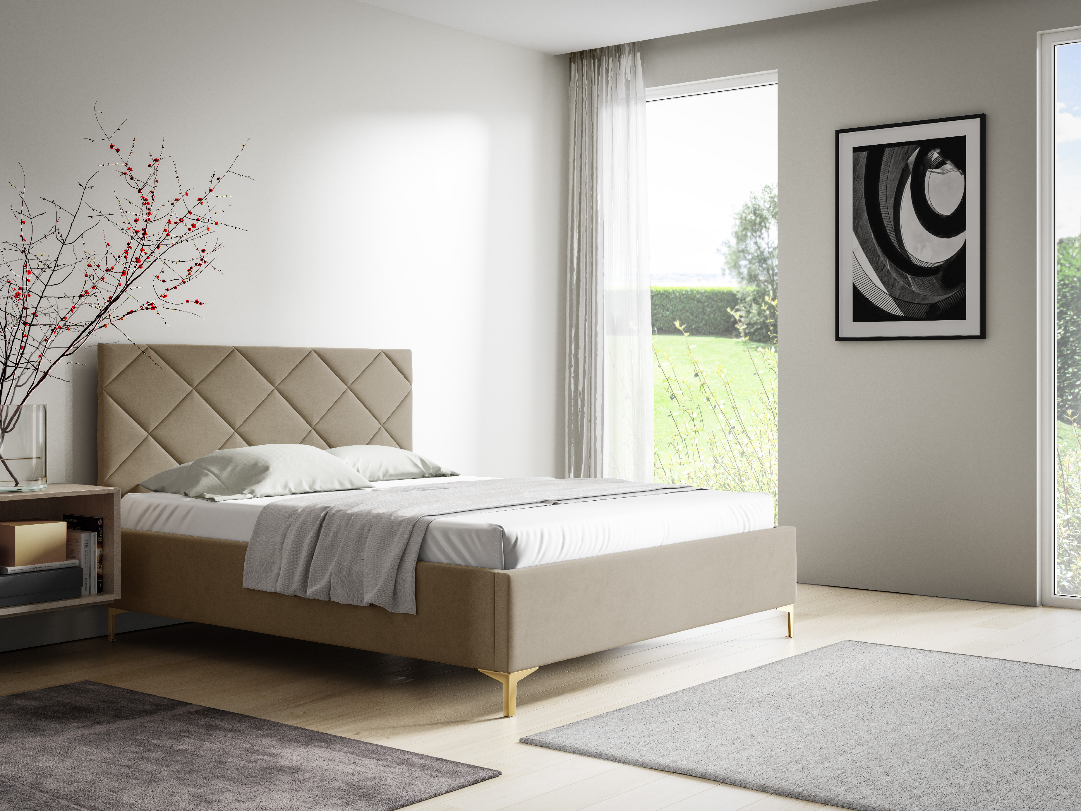 Eka Čalouněná postel DIAMOND+ 120x200 cm Barva látky Trinity: (2303) Světlá béžová, Úložný prostor: S dřevěným rámem úložného prostoru