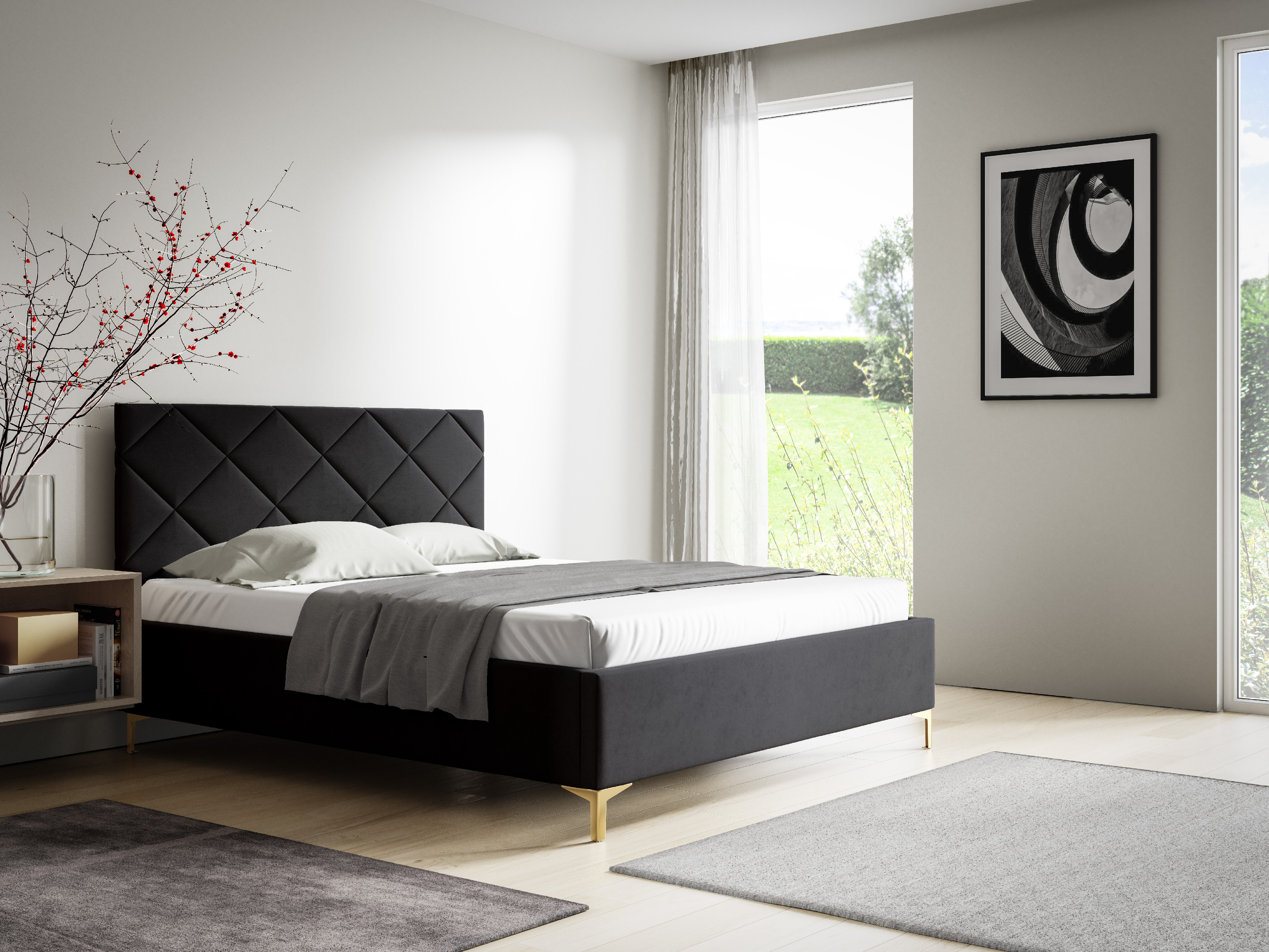 Eka Čalouněná postel DIAMOND+ 140x200 cm Barva látky Trinity: (2316) Černá, Úložný prostor: S dřevěným rámem úložného prostoru
