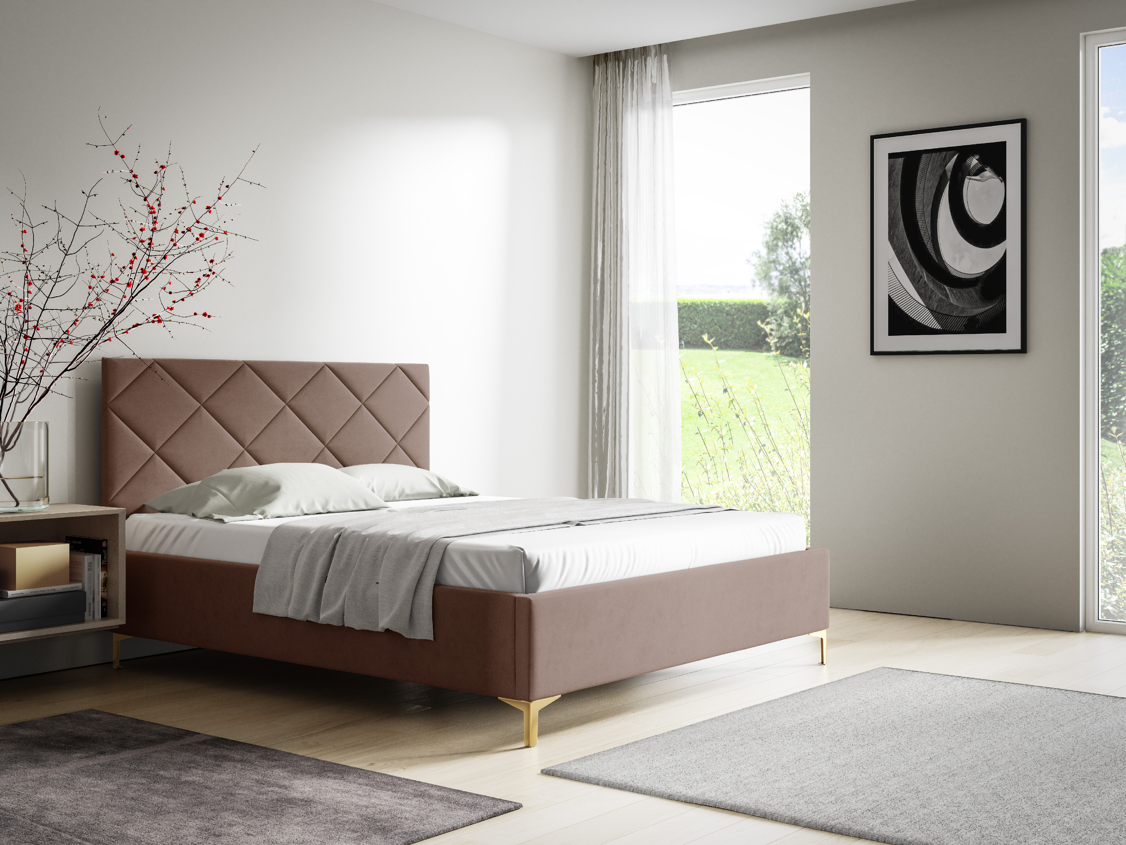Eka Čalouněná postel DIAMOND+ 160x200 cm Barva látky Trinity: (2305) Tmavá béžová, Úložný prostor: S dřevěným rámem úložného prostoru