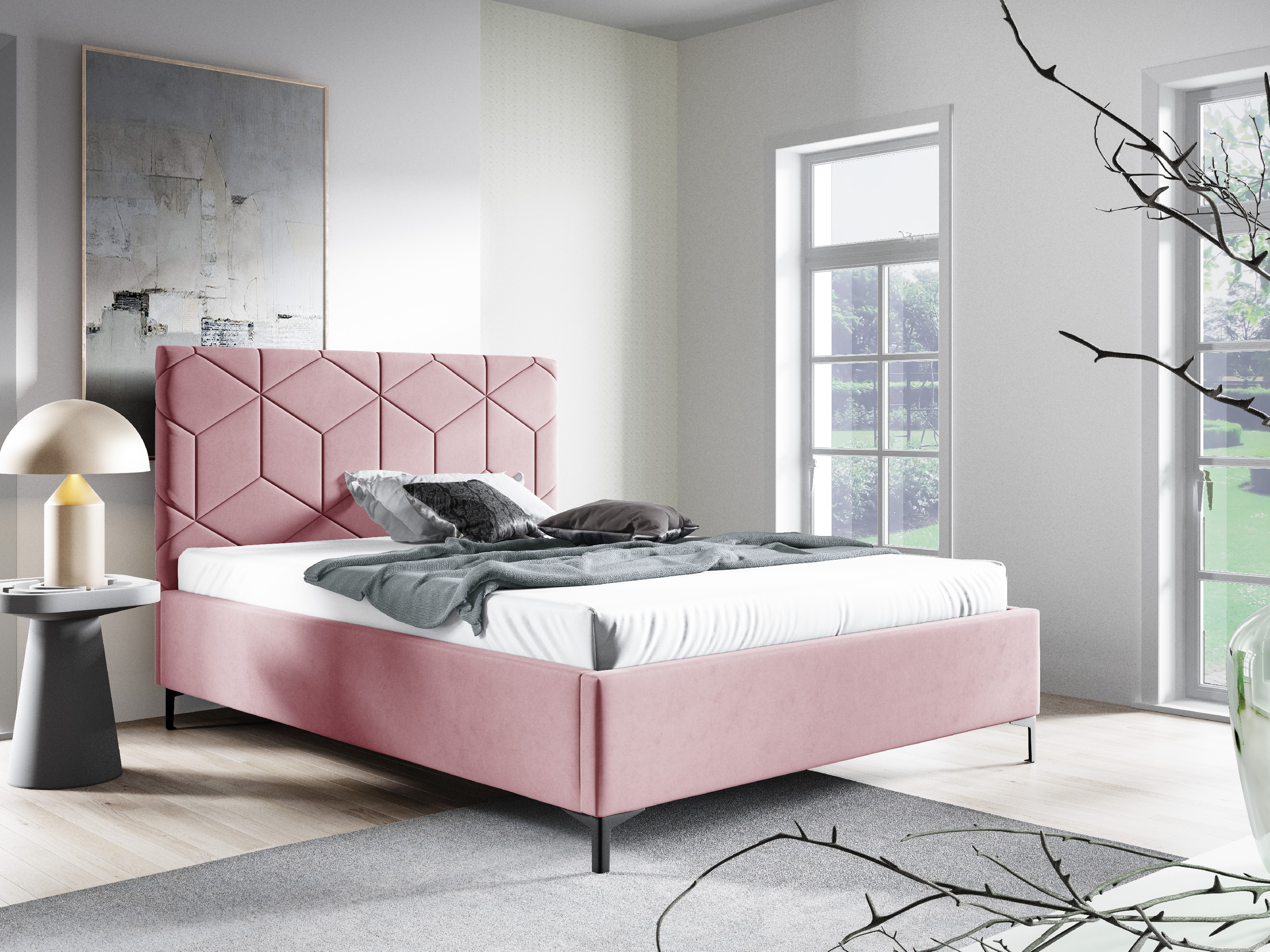 Eka Čalouněná postel BOX+ 90x200 cm Barva látky Trinity: (2319) Světlá růžová, Úložný prostor: S dřevěným rámem úložného prostoru