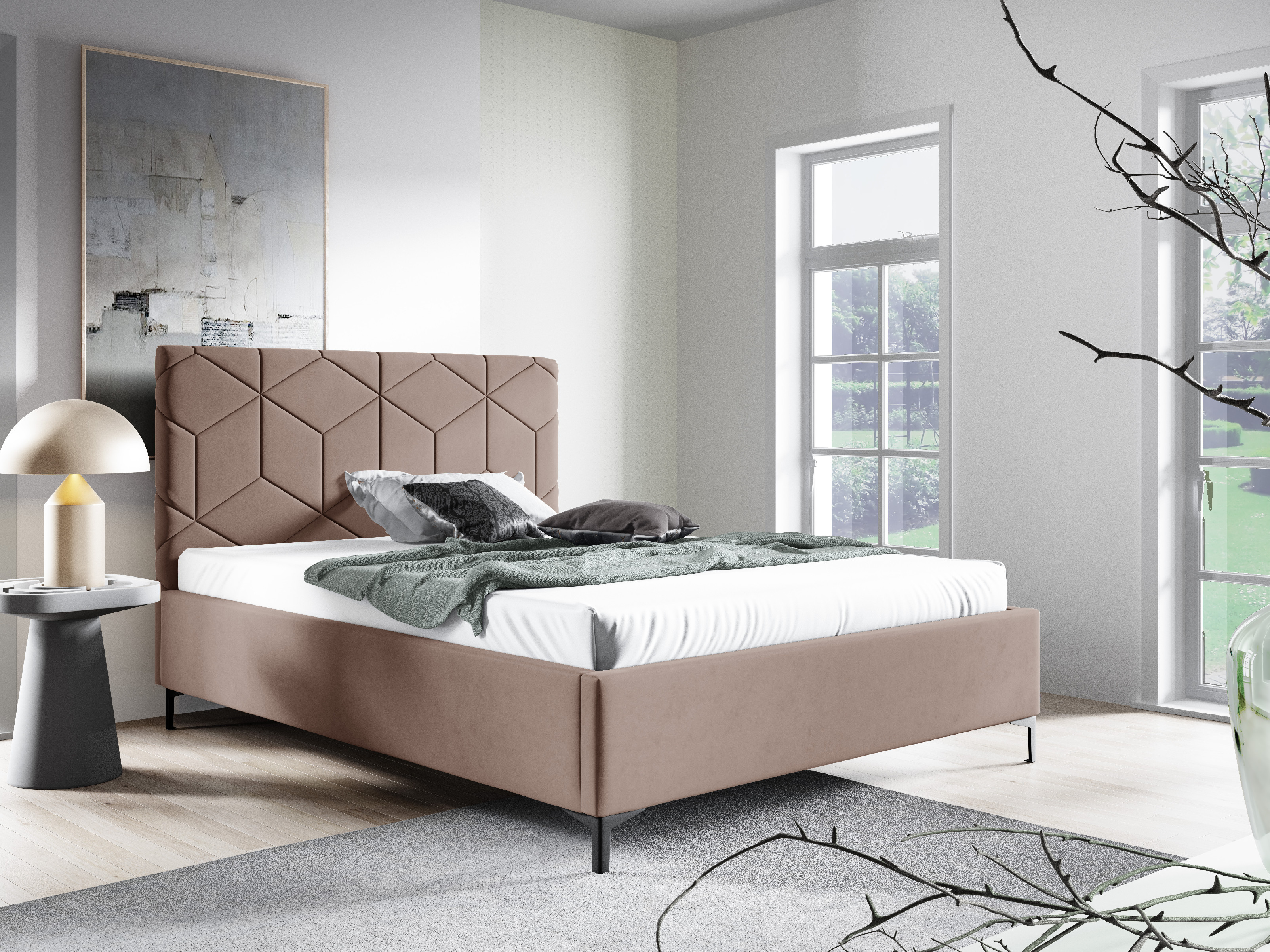 Eka Čalouněná postel BOX+ 120x200 cm Barva látky Trinity: (2305) Tmavá béžová, Úložný prostor: S dřevěným rámem úložného prostoru