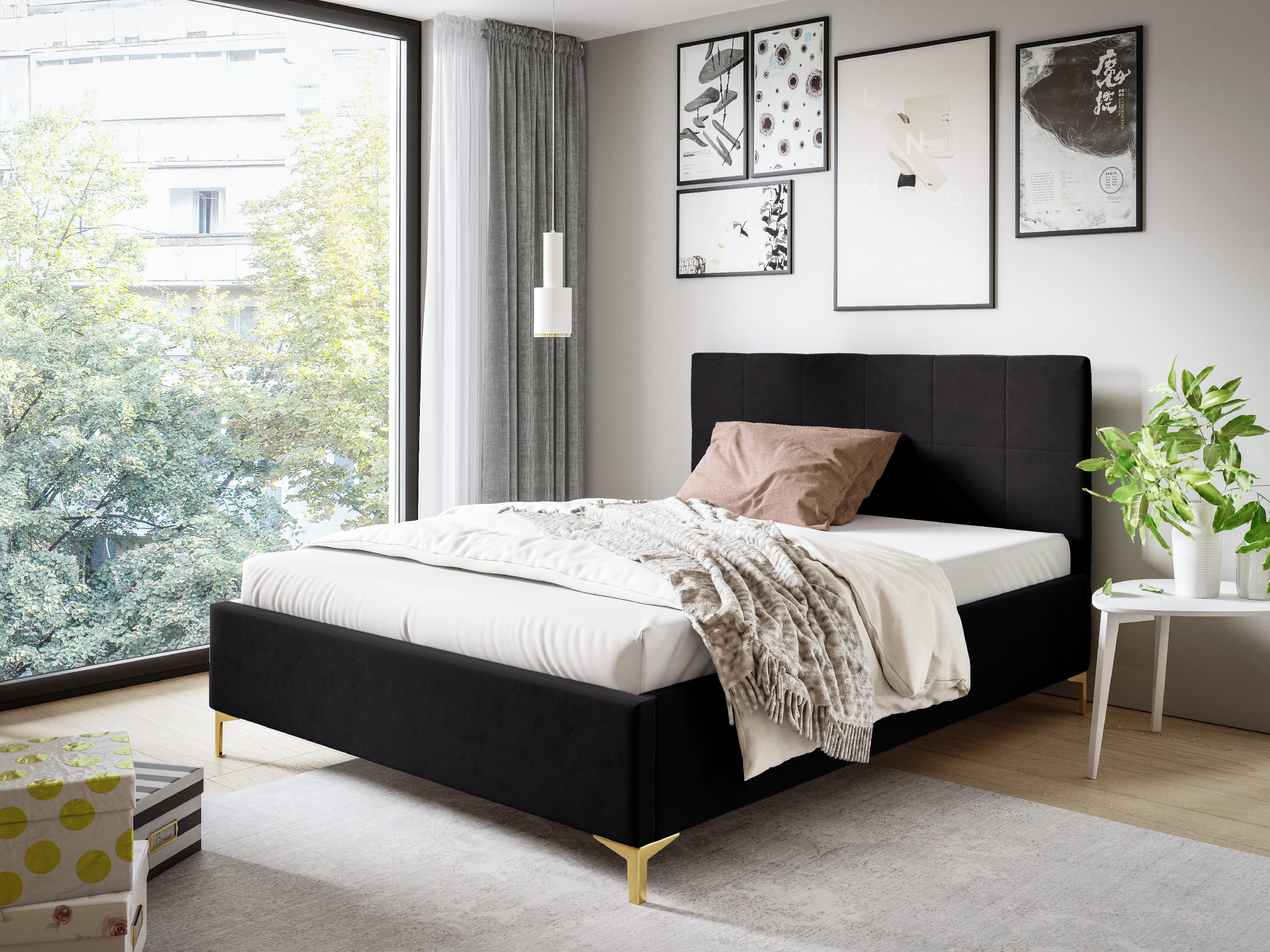 Eka Čalouněná postel SMART+ 90x200 cm Barva látky Trinity: (2316) Černá, Úložný prostor: S dřevěným rámem úložného prostoru