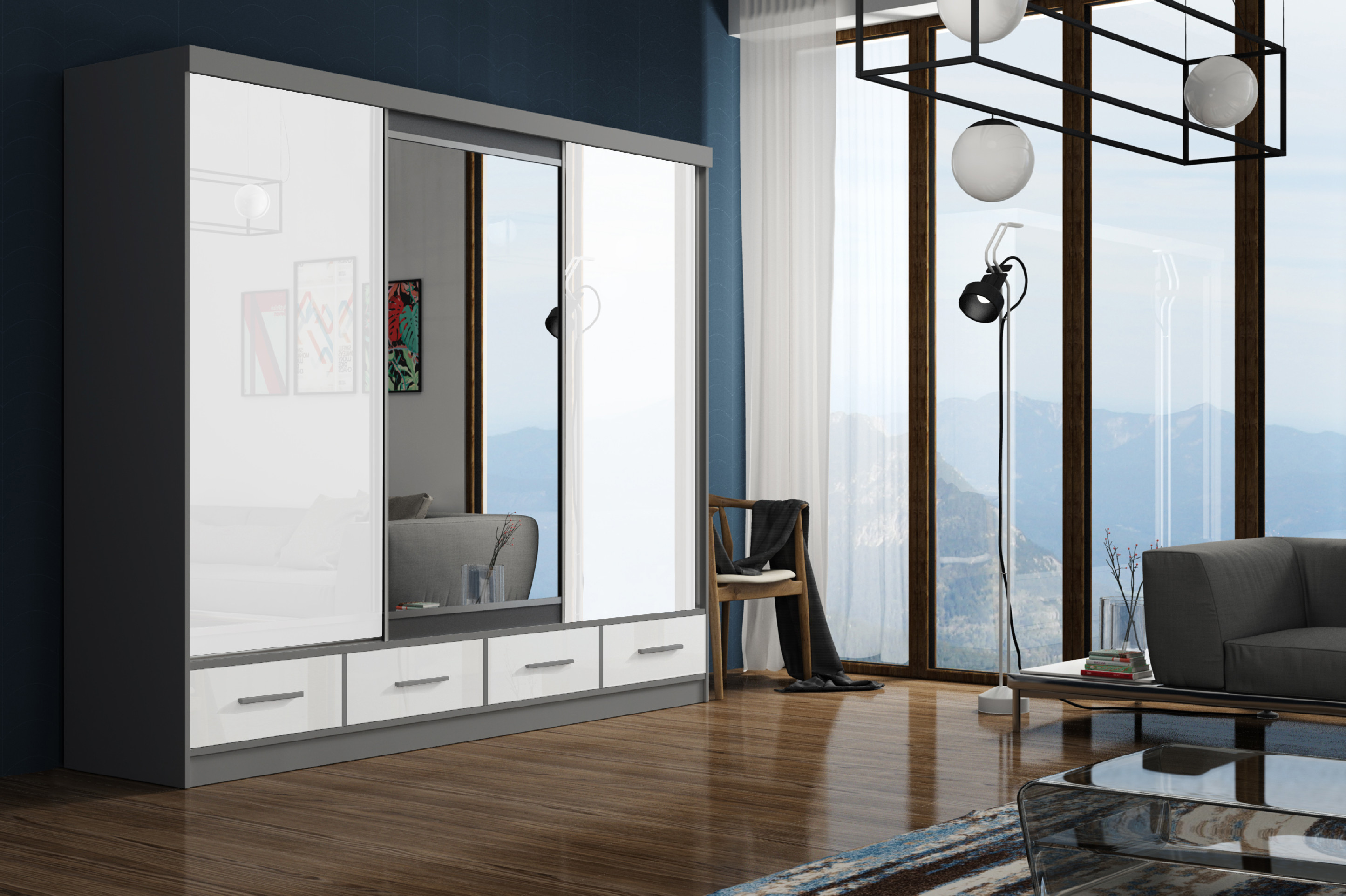 ARK Šatní skříň MIRIAM, Šedá/Bílá 250 cm