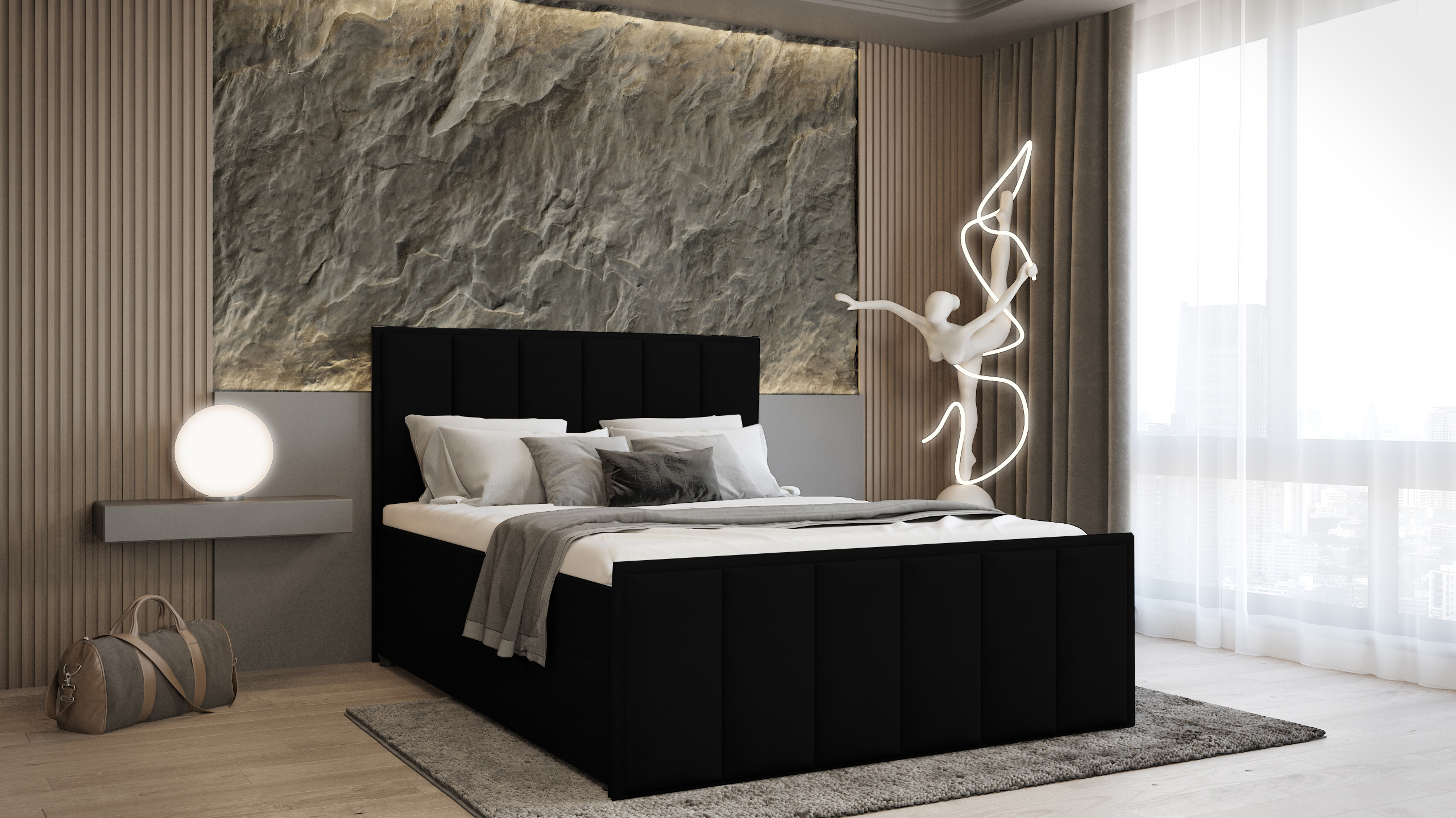 Levně SFAB Kontinentální čalouněná postel VERONA (140x200 cm) Látka Velutto: Velutto 20 - Černá