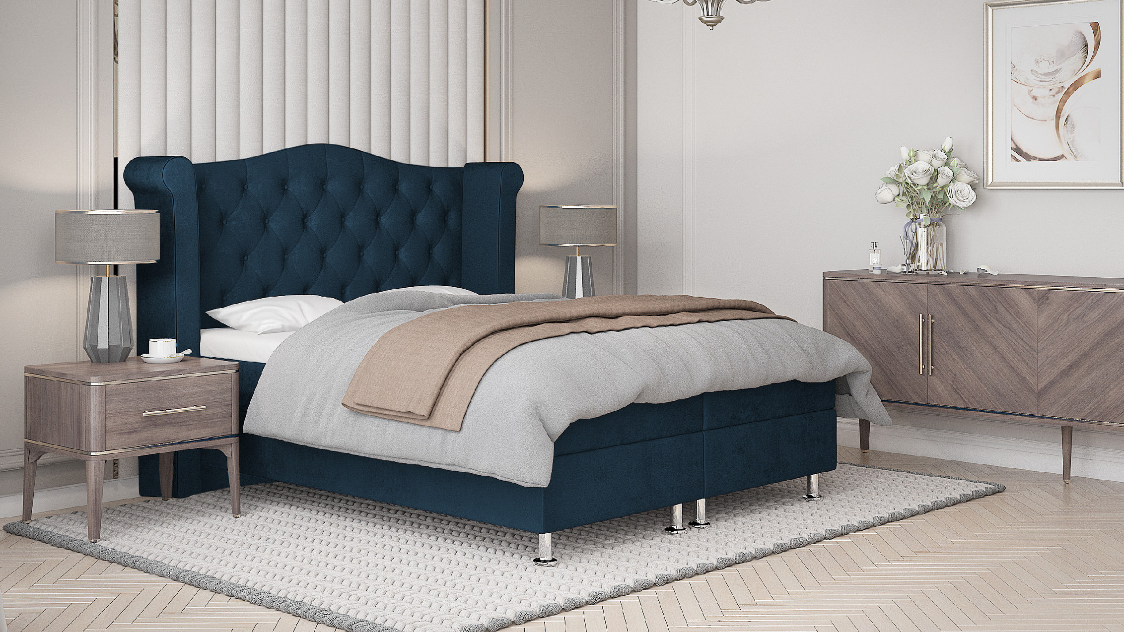 SFAB Kontinentální čalouněná postel SATURN (90x200 cm) Barva látky: Tmavá modrá (Monolith 77)
