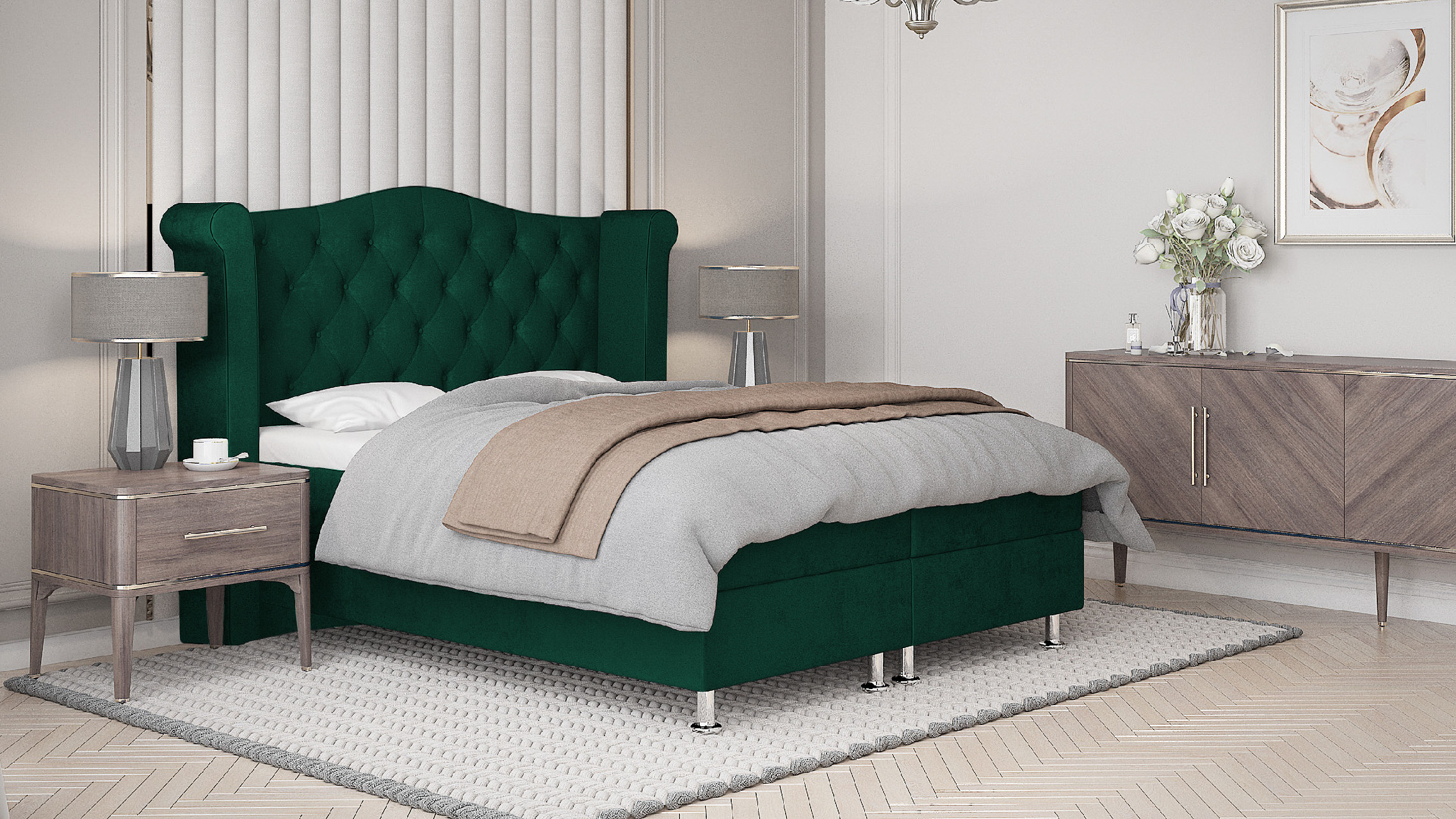 SFAB Kontinentální čalouněná postel SATURN (140x200 cm) Barva látky: Láhvově zelená (Monolith 37)