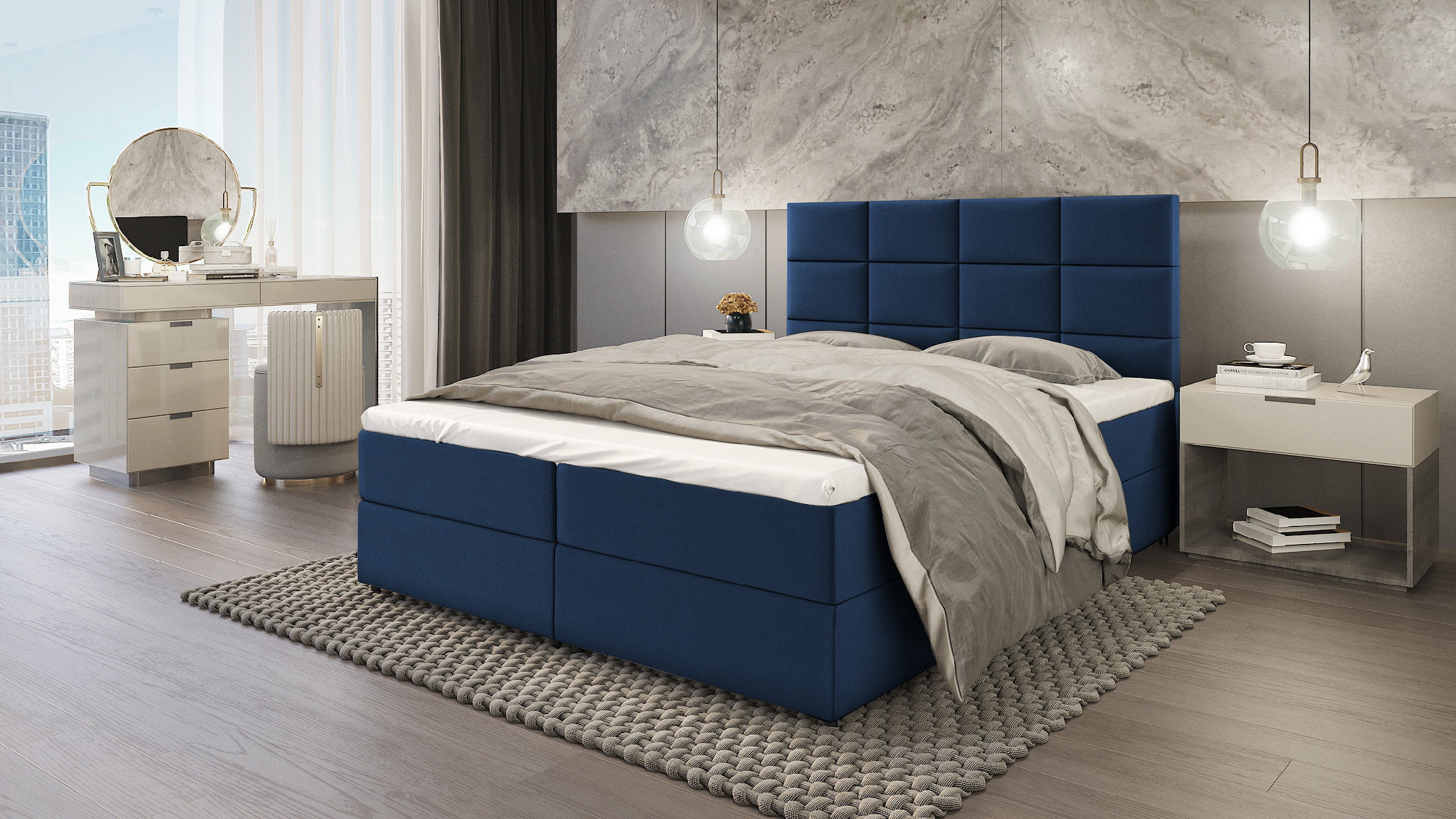 SFAB Kontinentální čalouněná postel MERCURY (90x200 cm) Barva látky: Modrá (Riviera 81)