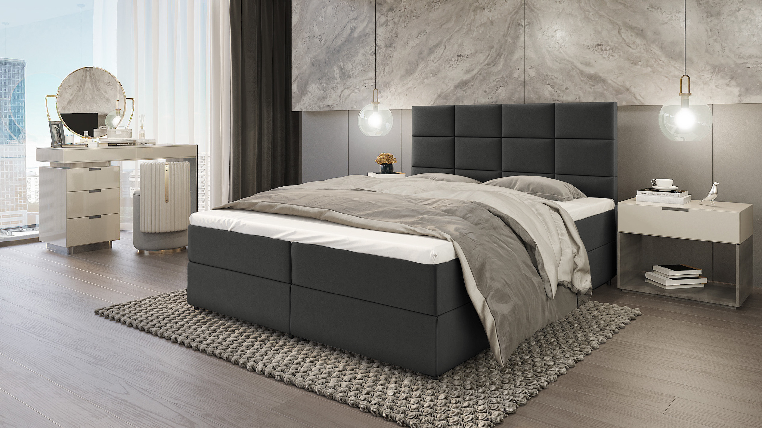Levně SFAB Kontinentální čalouněná postel MERCURY (140x200 cm) Barva látky: Šedá (Riviera 97)