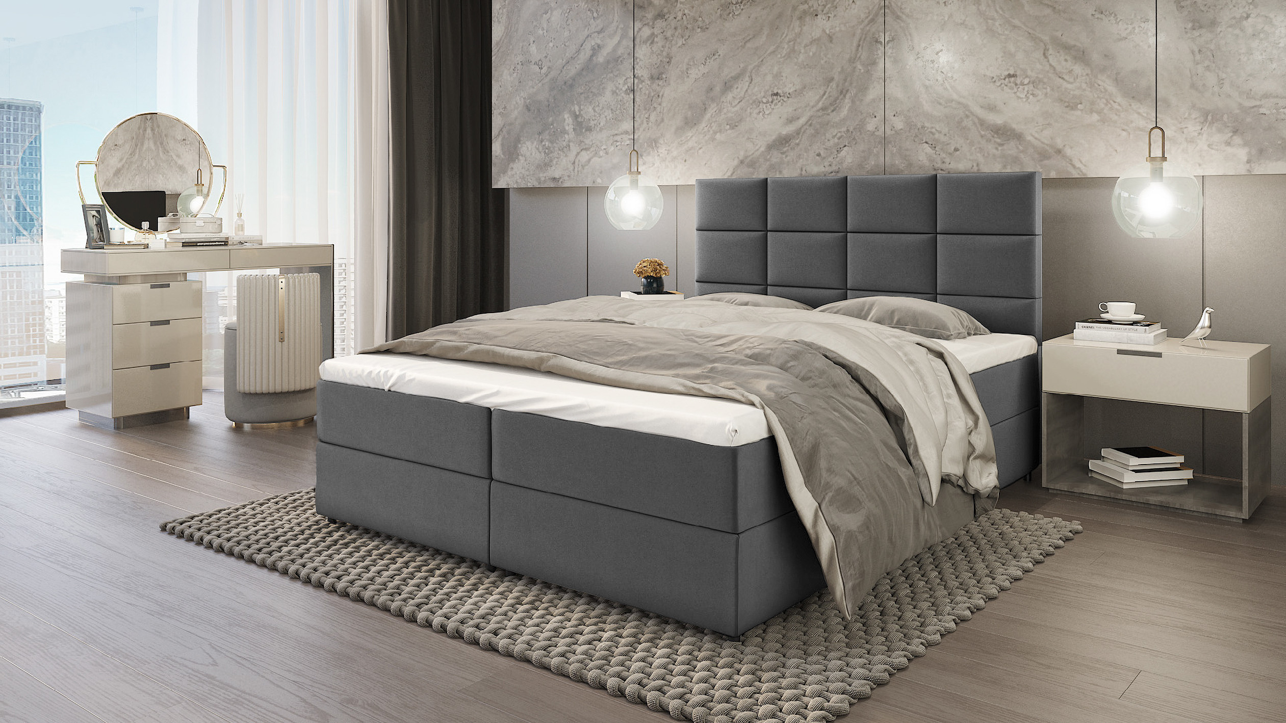 Levně SFAB Kontinentální čalouněná postel MERCURY (140x200 cm) Barva látky: Světlá šedá (Riviera 91)