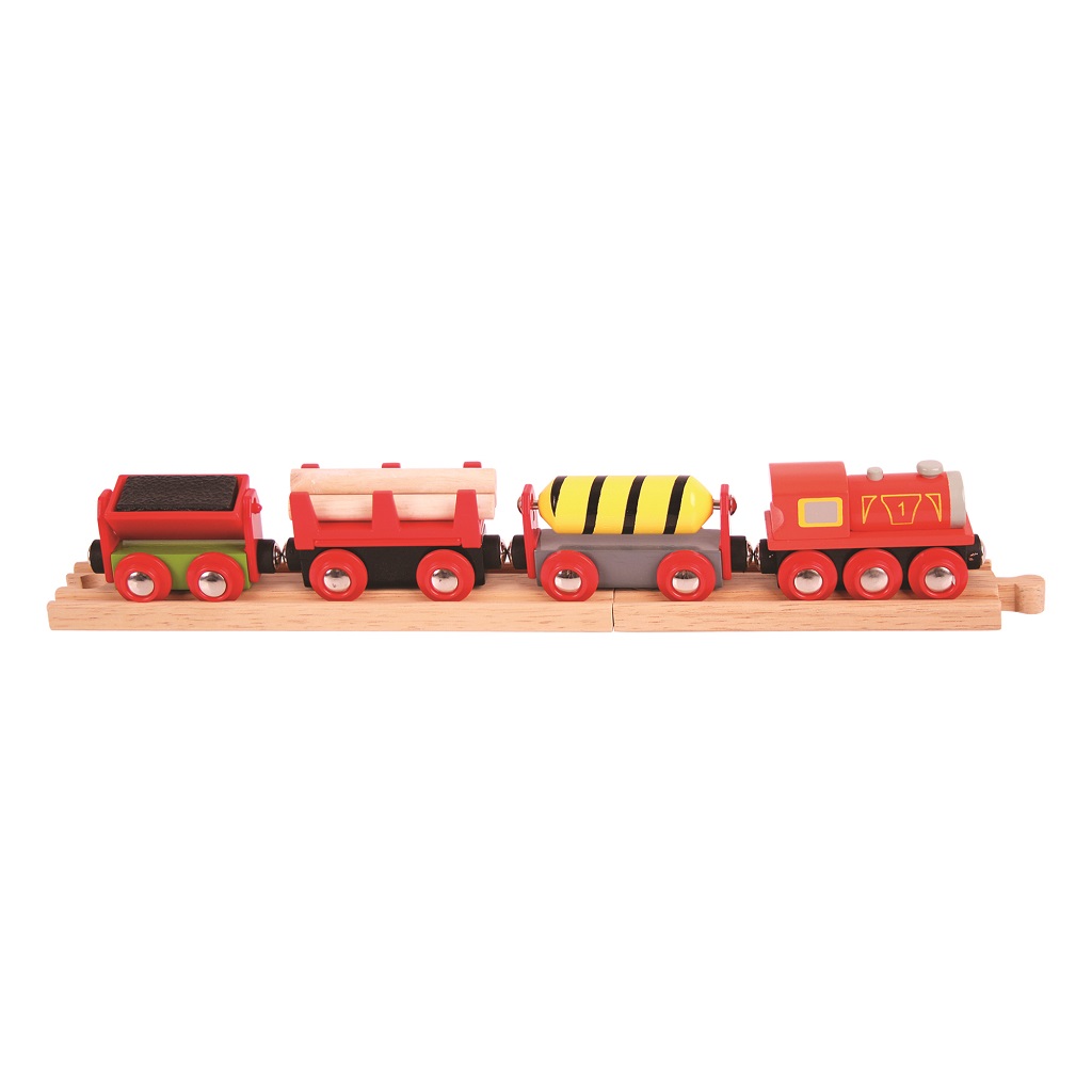 Levně Bigjigs Rail Dřevěný nákladní vlak červený + 3 koleje