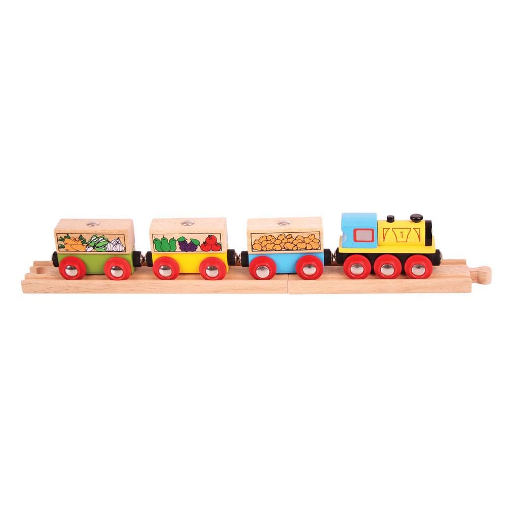 Levně Bigjigs Rail Dřevěný nákladní vlak se zeleninou + 3 koleje